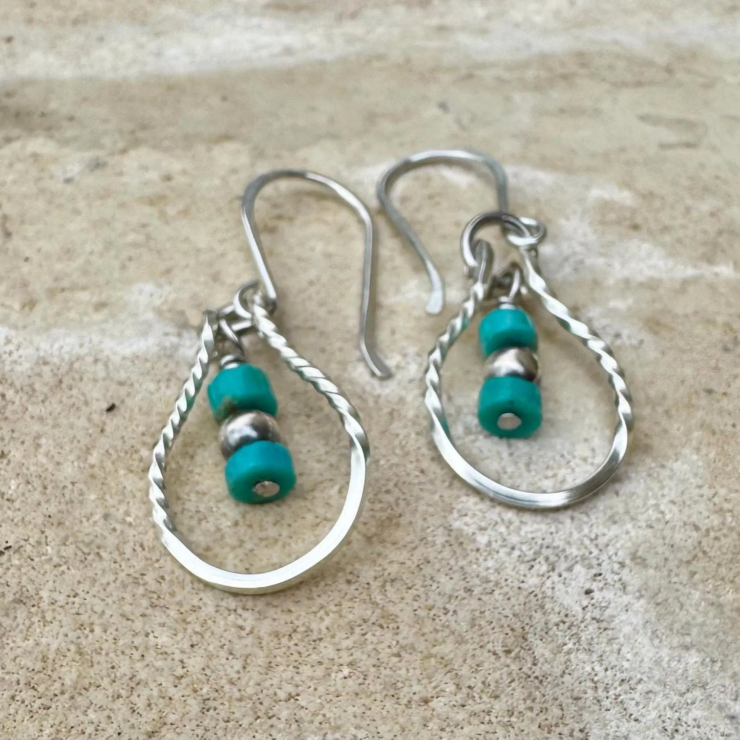Handcrafted Turquoise Teardrop Earrings with Navajo Pearls, Sterling Silver
