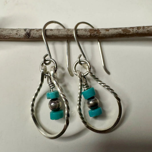 Handcrafted Turquoise Teardrop Earrings with Navajo Pearls, Sterling Silver