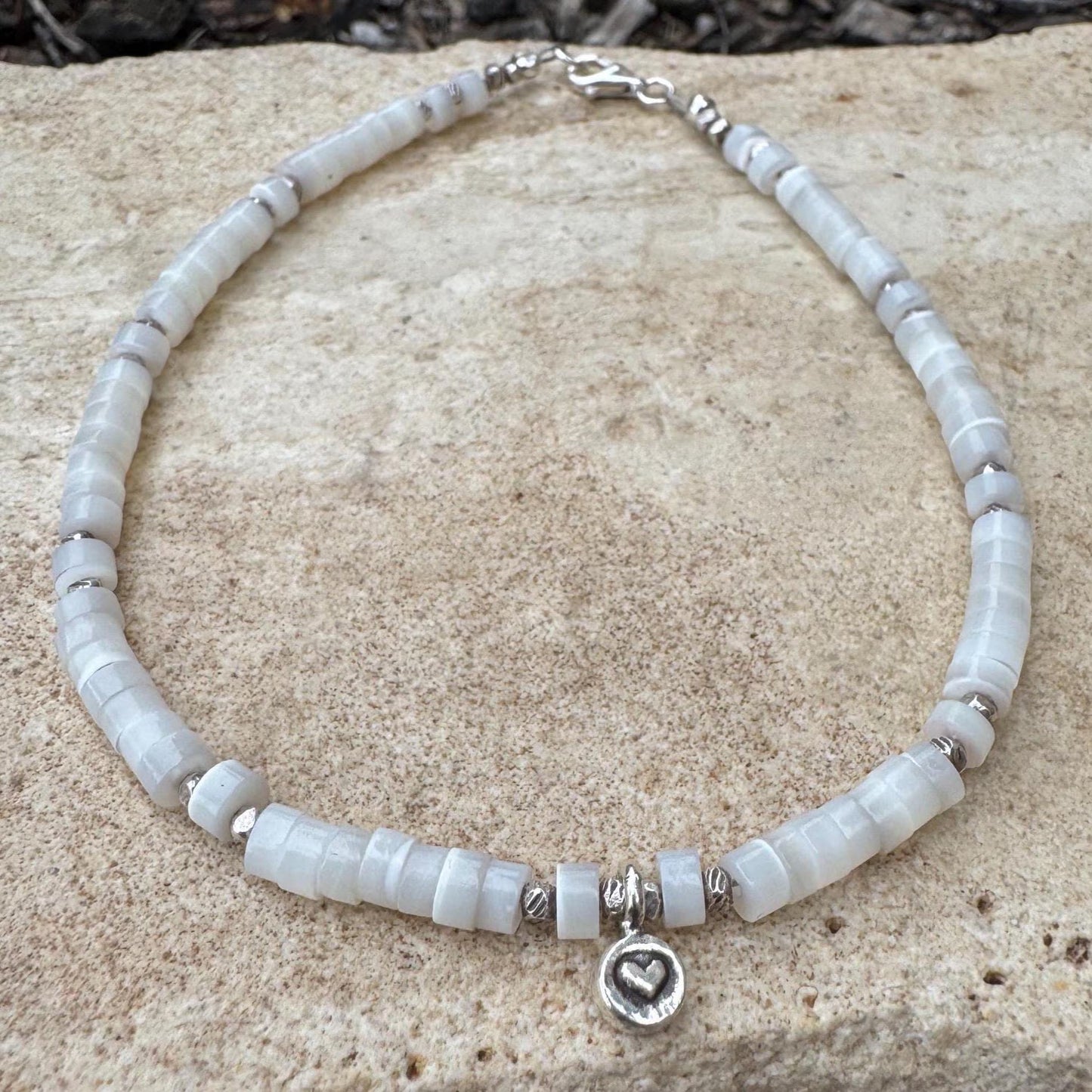 Mother of pearl sterling silver ankle bracelet with heart charm / ankle bracelet