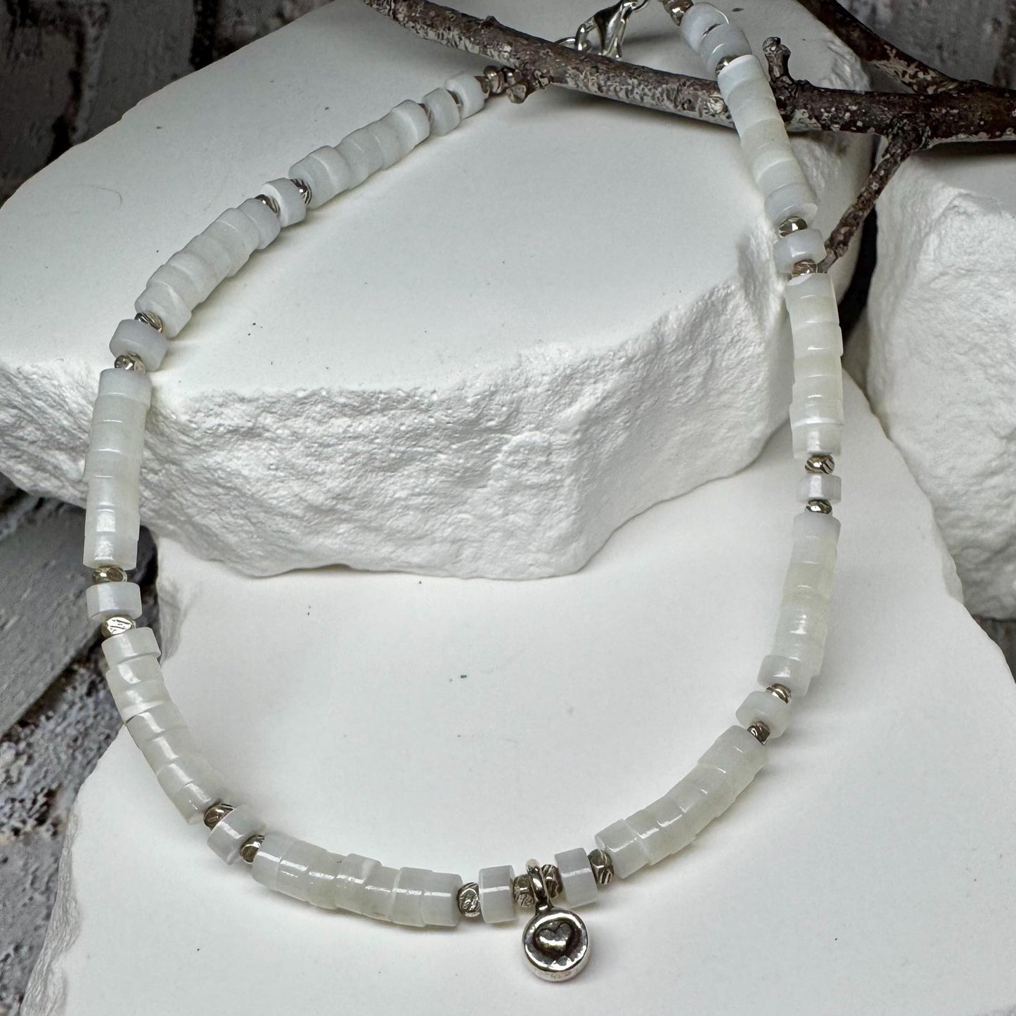 Mother of pearl sterling silver ankle bracelet with heart charm / ankle bracelet