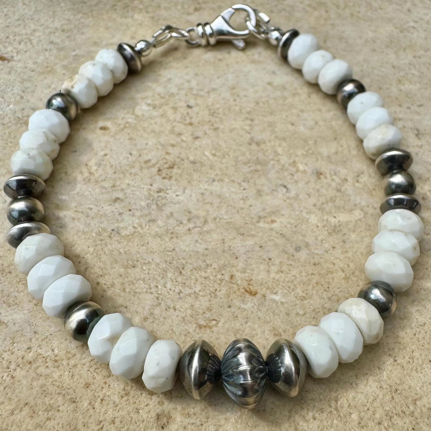 Navajo Pearl with White Turquoise gemstone/ sterling silver beaded bracelet