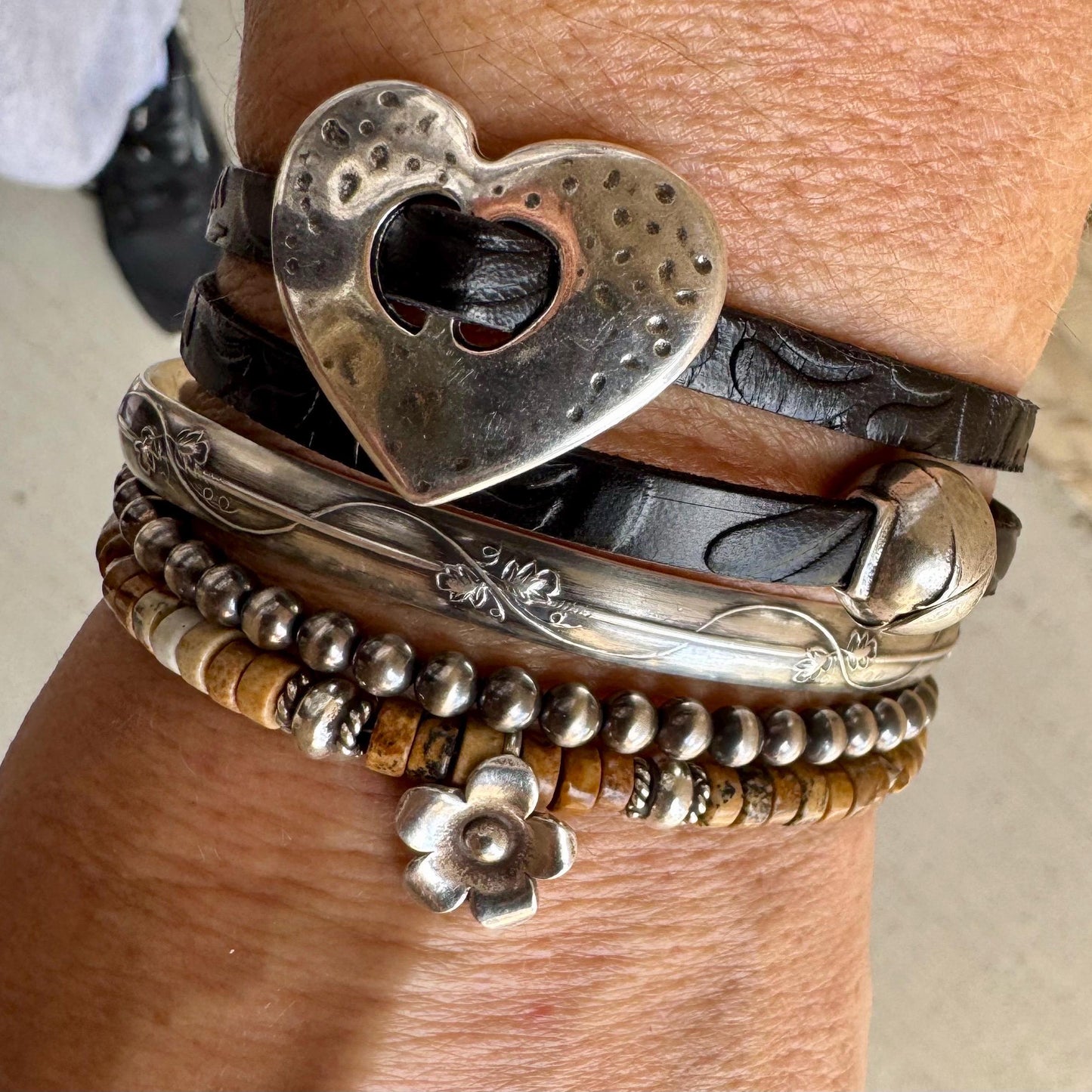 Picture Jasper Bracelet – Sterling Silver Flower Charm, Stackable Boho Gemstone Jewelry