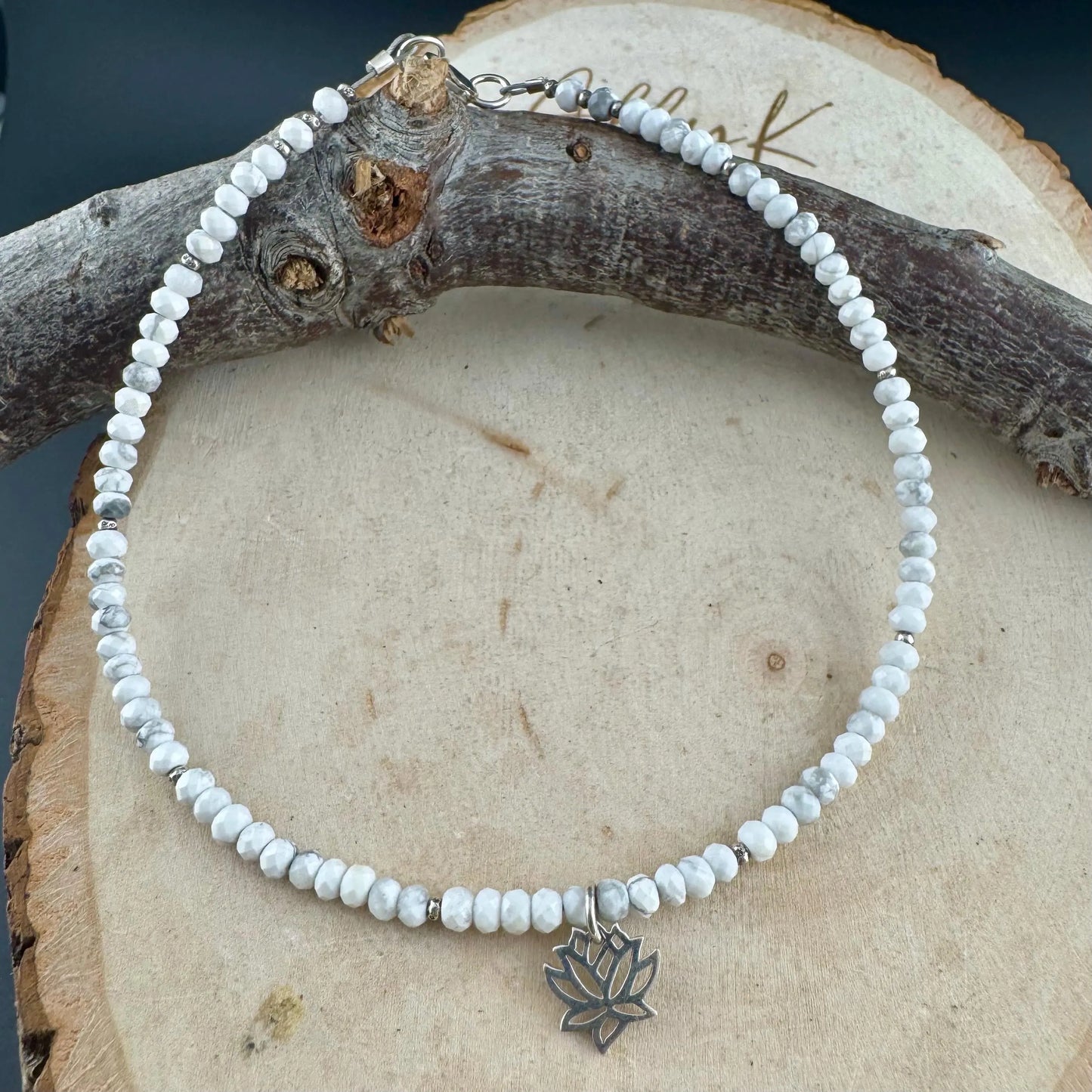 White Howlite Sterling Silver Anklet with Lotus Charm
