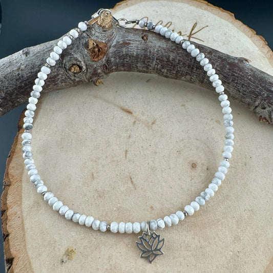 White Howlite Sterling Silver Anklet with Lotus Charm