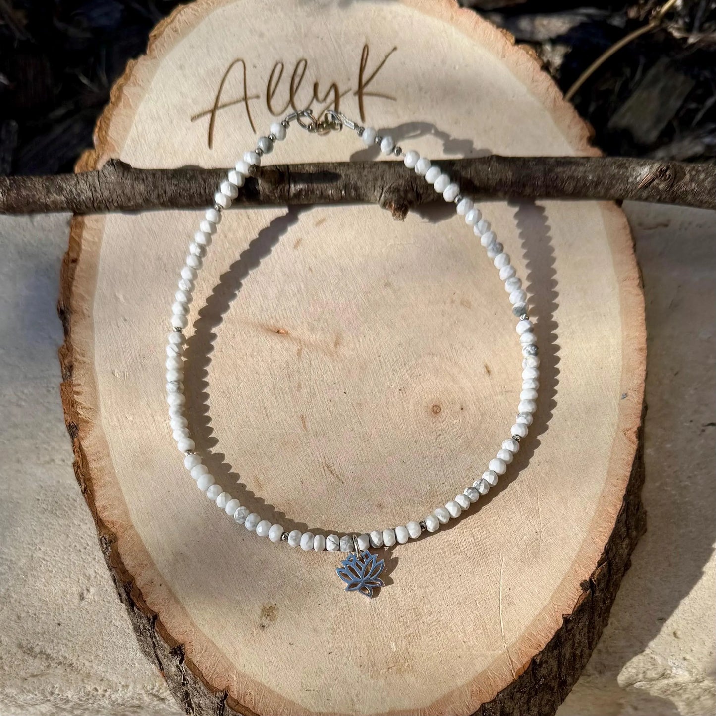 White Howlite Sterling Silver Anklet with Lotus Charm