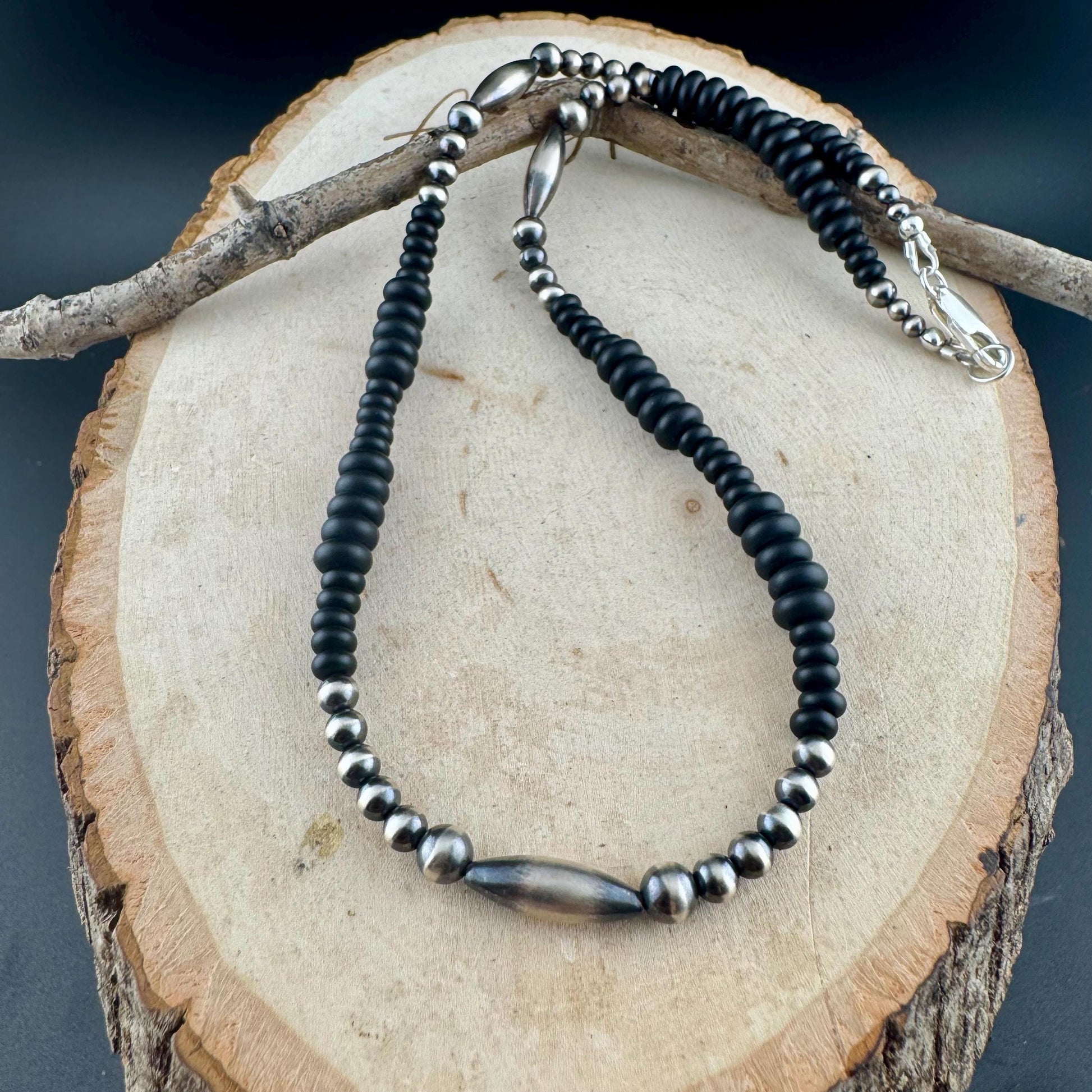 Navajo Pearl & Black Onyx Necklace - Elegant Sterling Silver Heishi Gemstone Jewelry