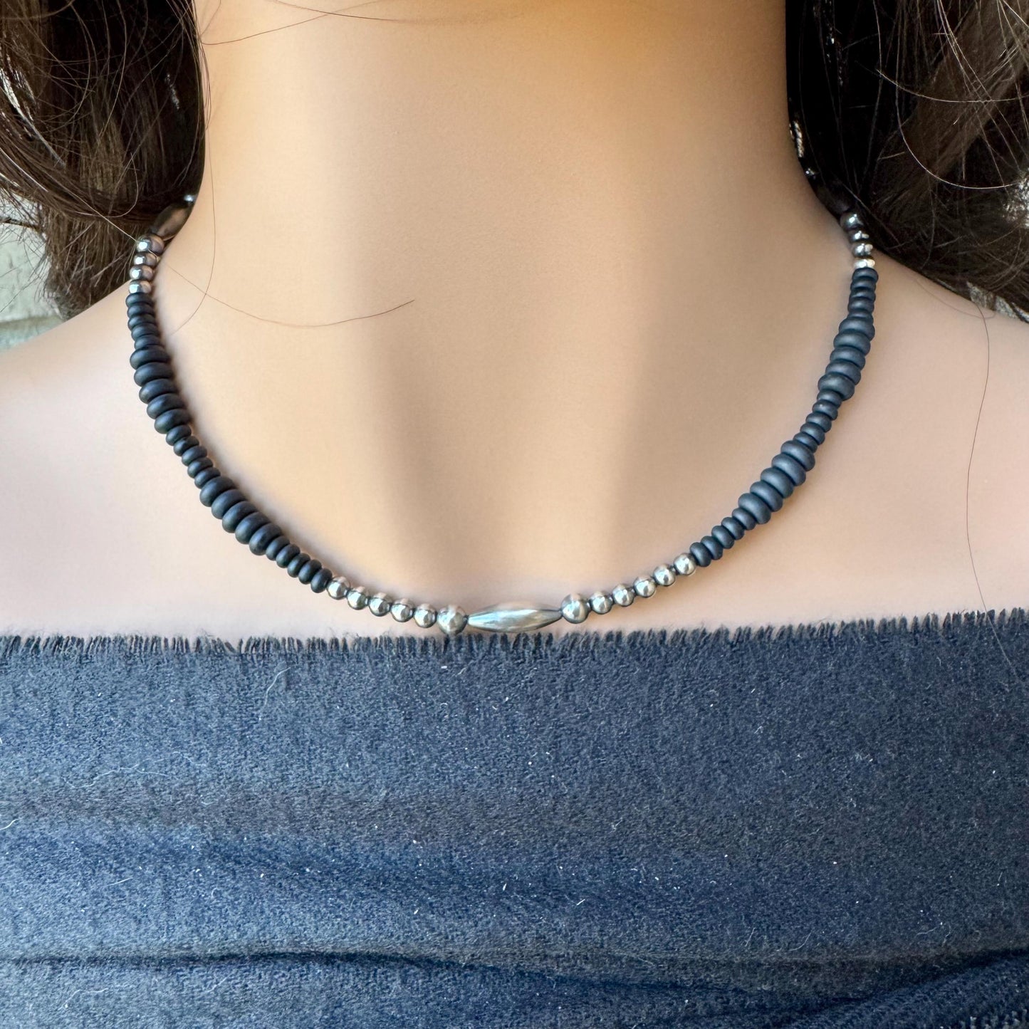 Navajo Pearl & Black Onyx Necklace - Elegant Sterling Silver Heishi Gemstone Jewelry