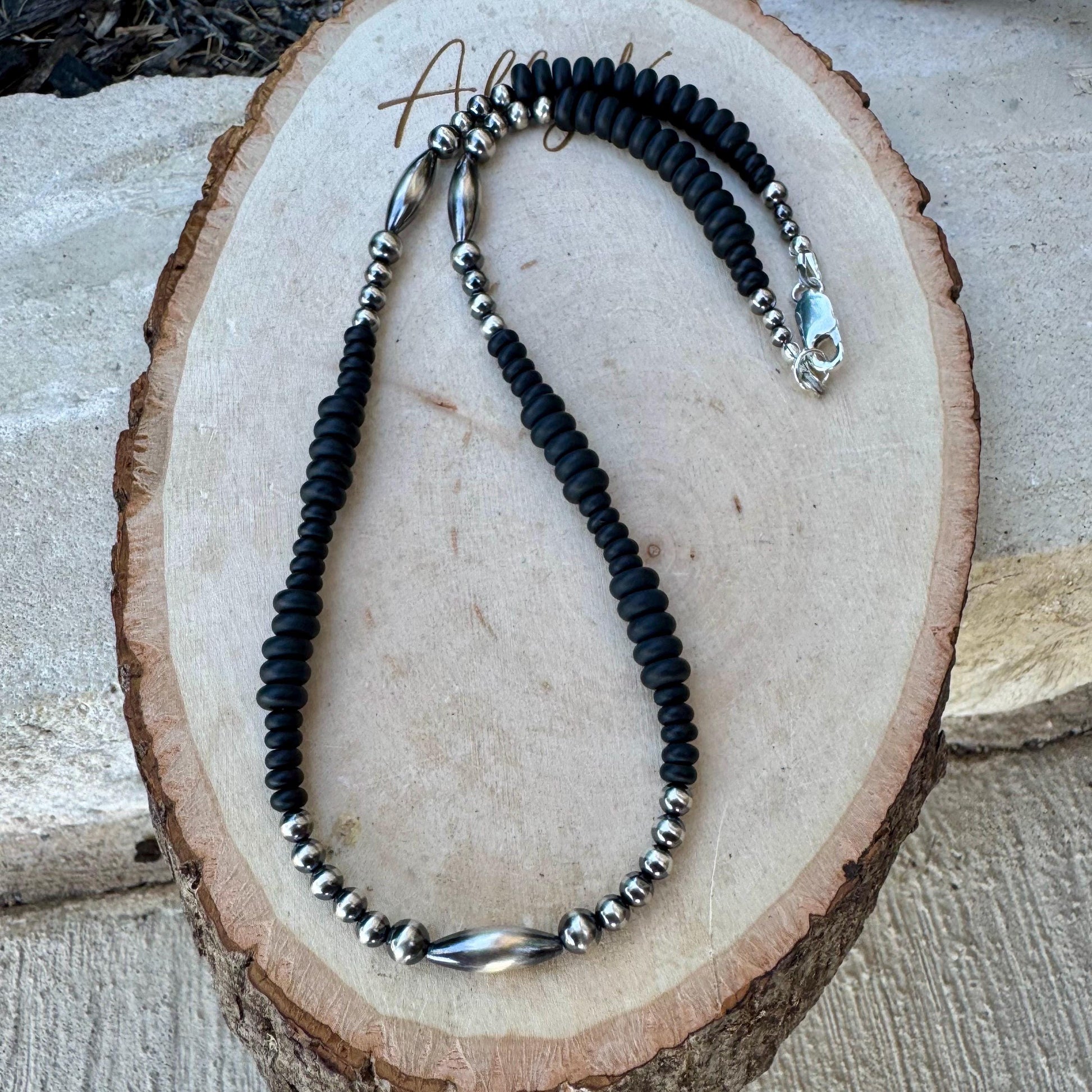 Navajo Pearl & Black Onyx Necklace - Elegant Sterling Silver Heishi Gemstone Jewelry