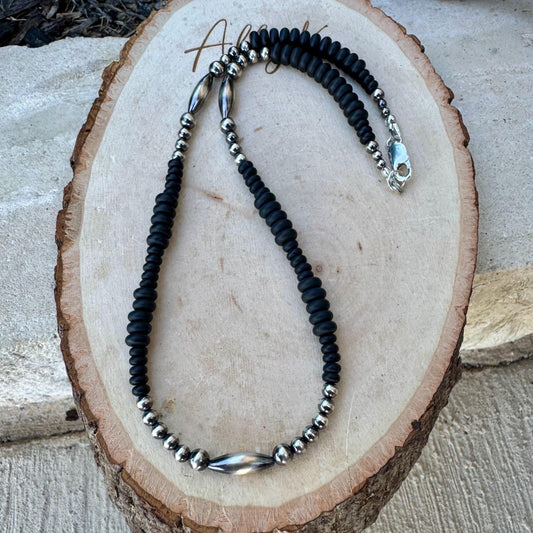 Navajo Pearl & Black Onyx Necklace - Elegant Sterling Silver Heishi Gemstone Jewelry
