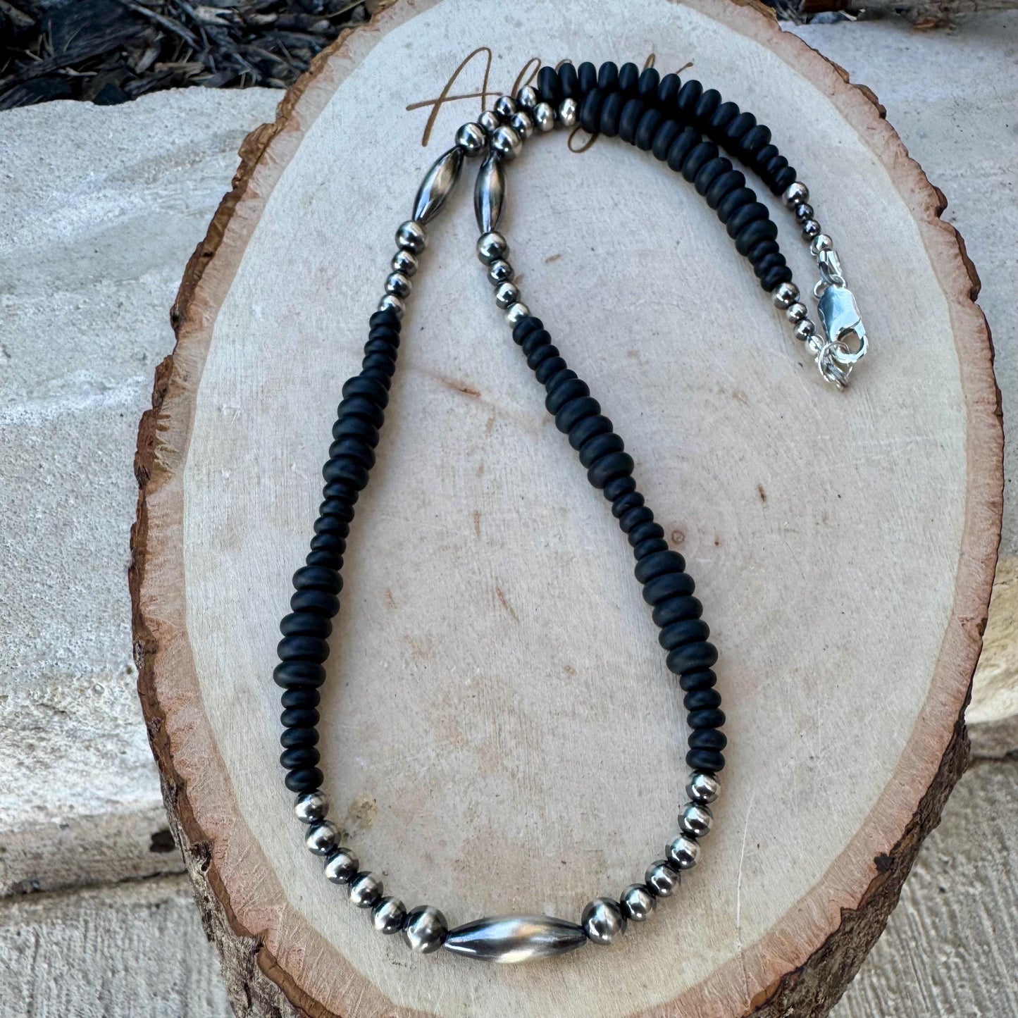 Navajo Pearl & Black Onyx Necklace - Elegant Sterling Silver Heishi Gemstone Jewelry