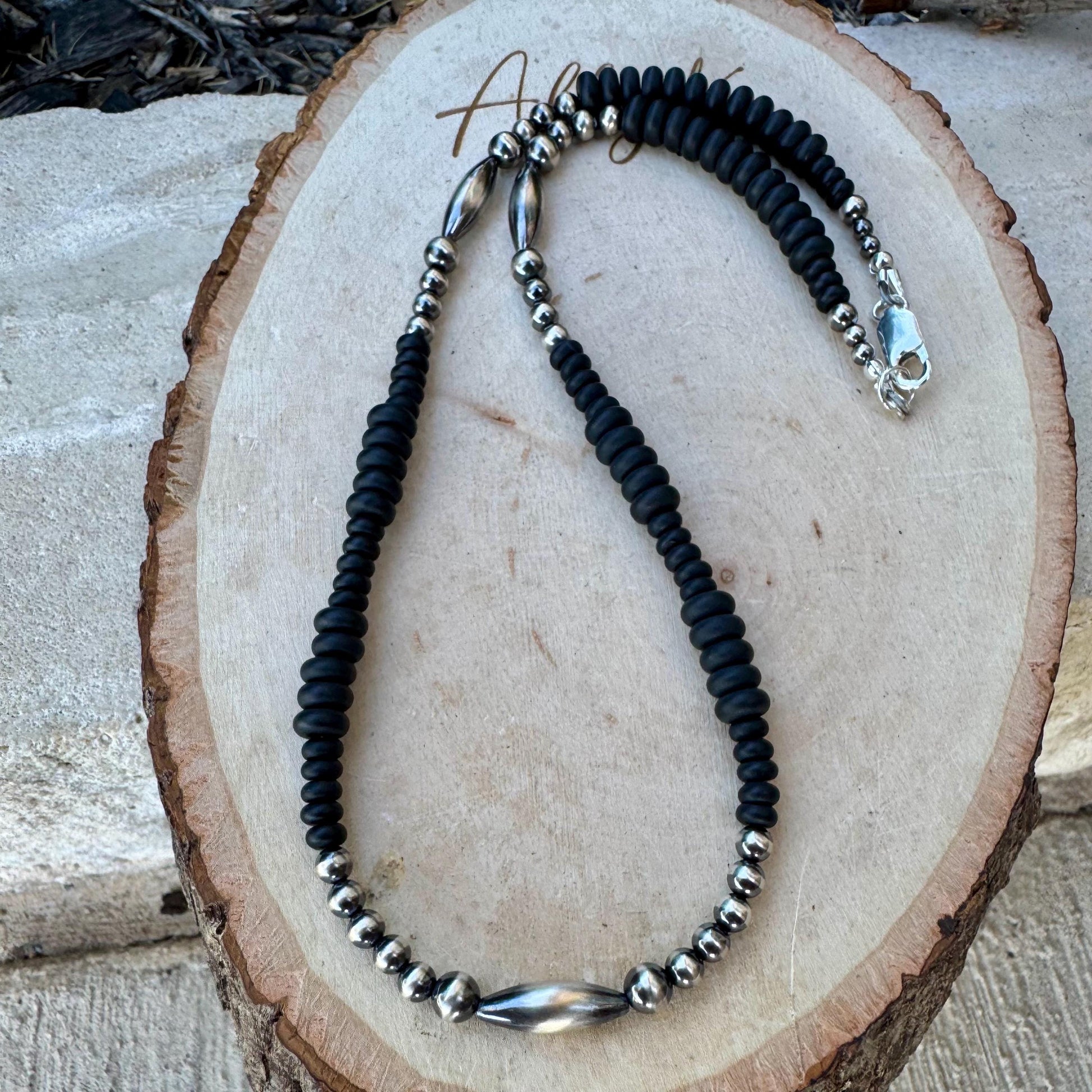 Navajo Pearl & Black Onyx Necklace - Elegant Sterling Silver Heishi Gemstone Jewelry