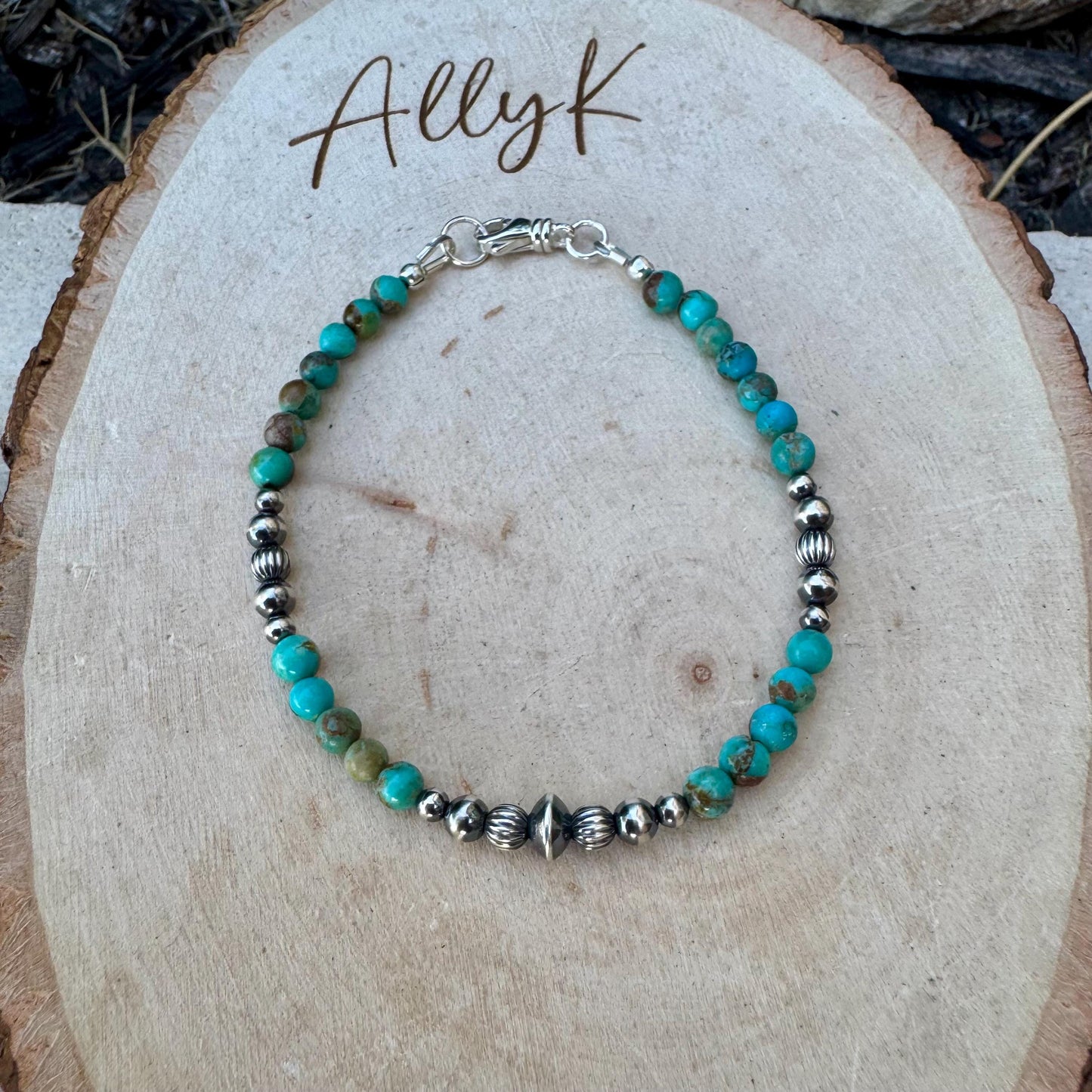 Kingman Turquoise & Navajo Pearl Bracelet - Sterling Silver Round Gemstone Jewelry