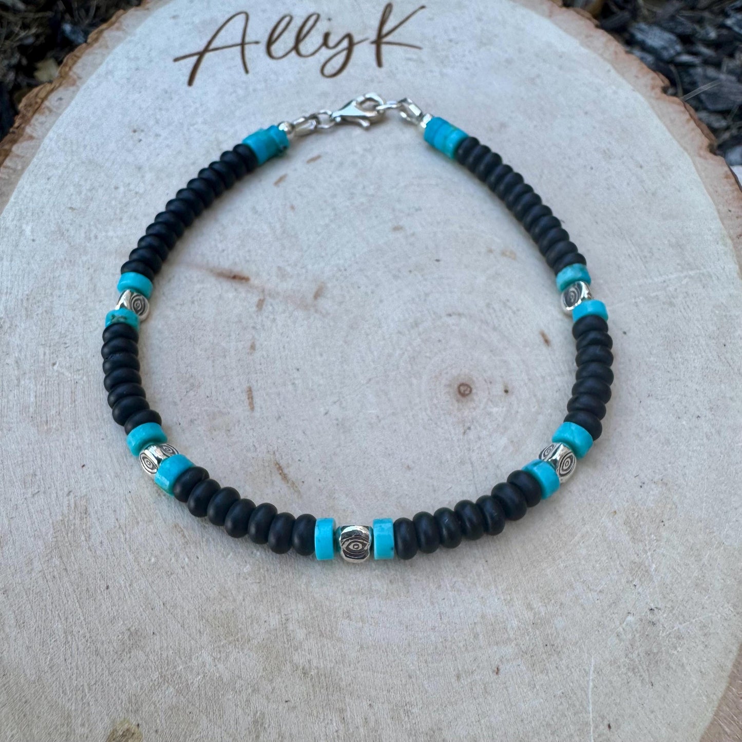 Black Onyx and Kingman Turquoise Bracelet – Sterling Silver Evil Eye or Feather Accents