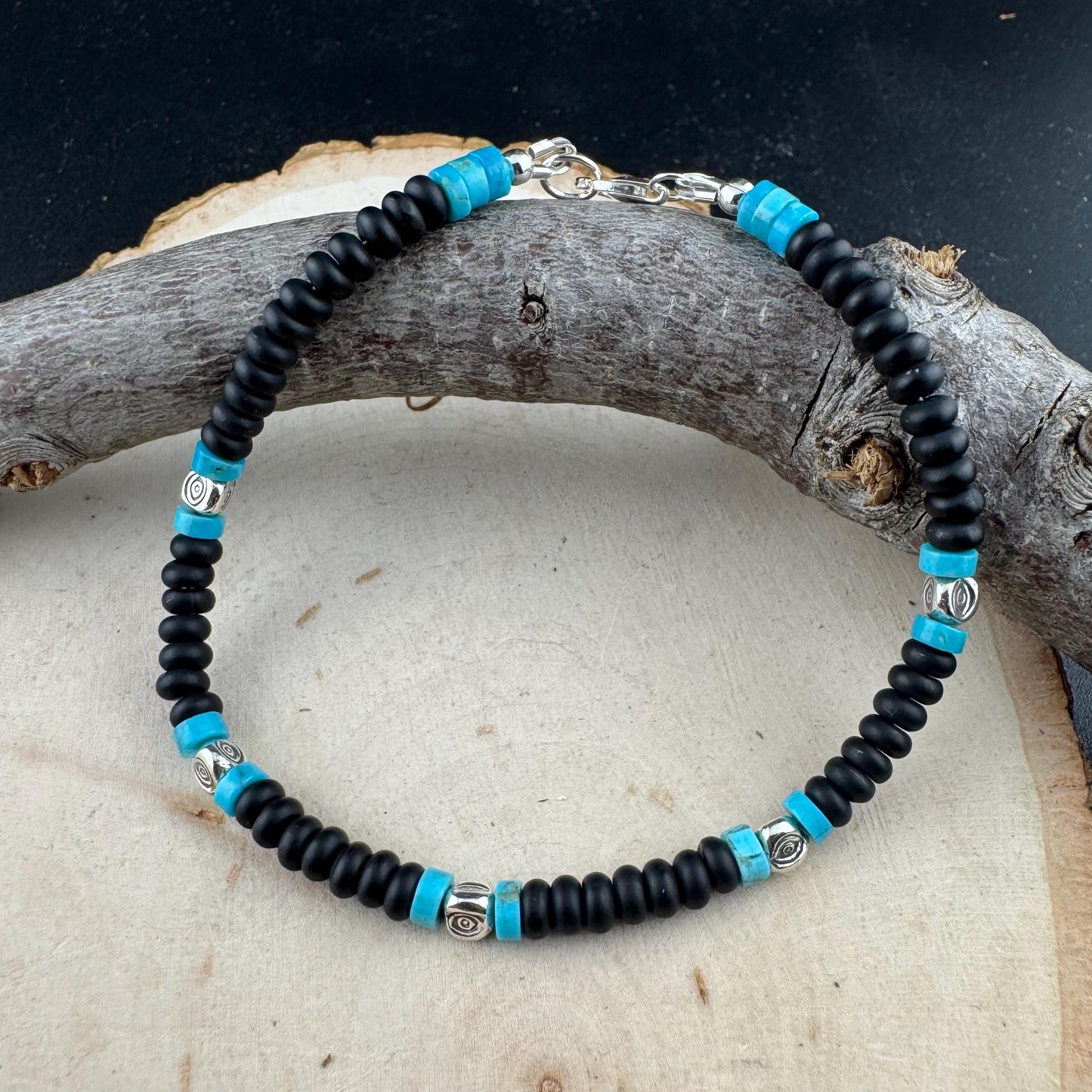 Black Onyx and Kingman Turquoise Bracelet – Sterling Silver Evil Eye or Feather Accents