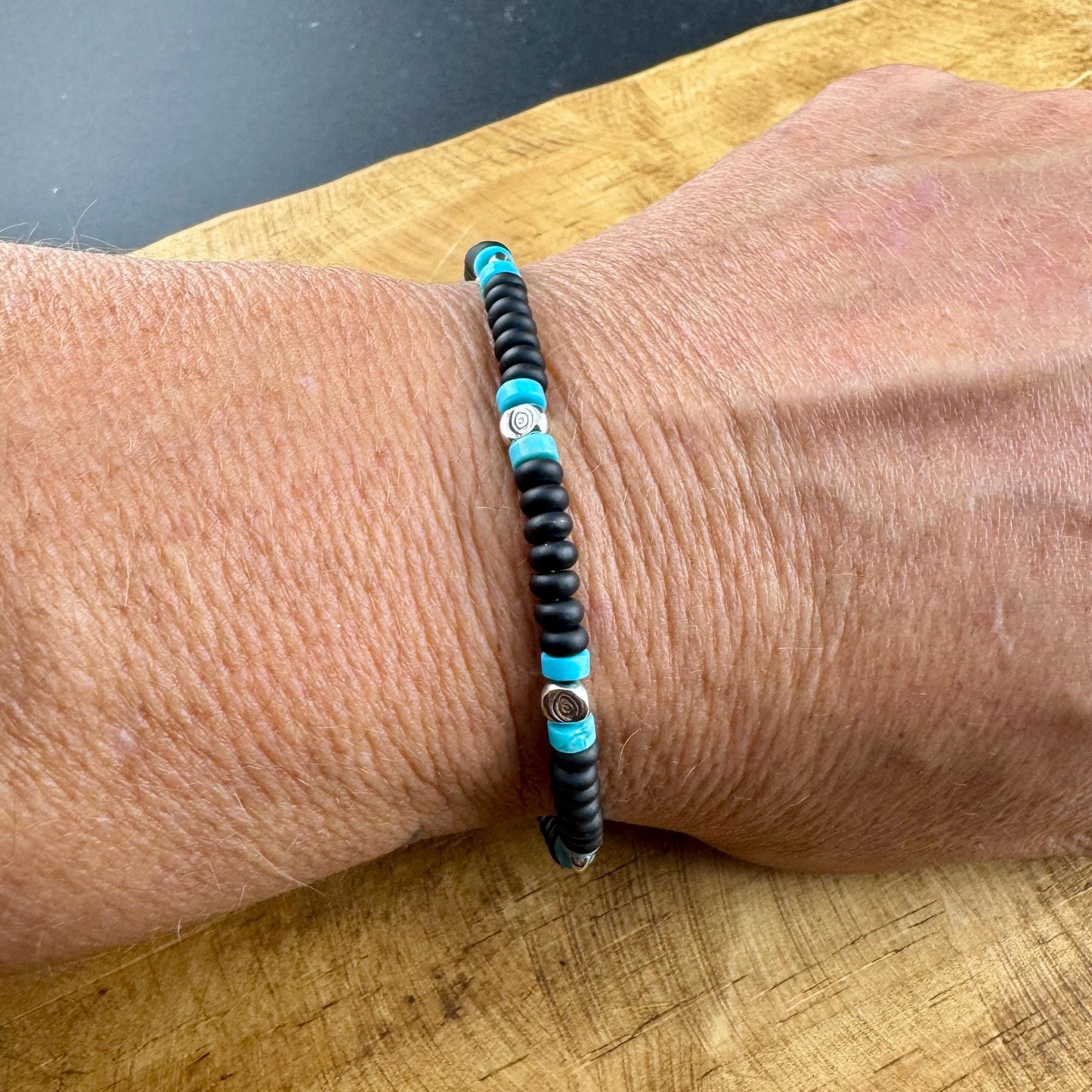 Black Onyx and Kingman Turquoise Bracelet – Sterling Silver Evil Eye or Feather Accents