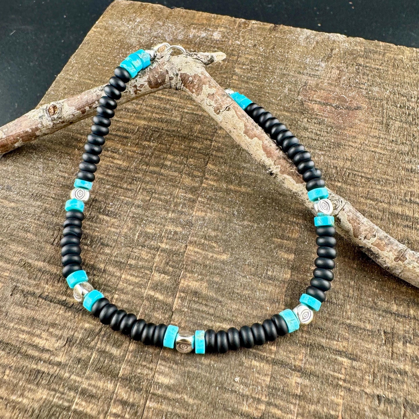 Black Onyx and Kingman Turquoise Bracelet – Sterling Silver Evil Eye or Feather Accents