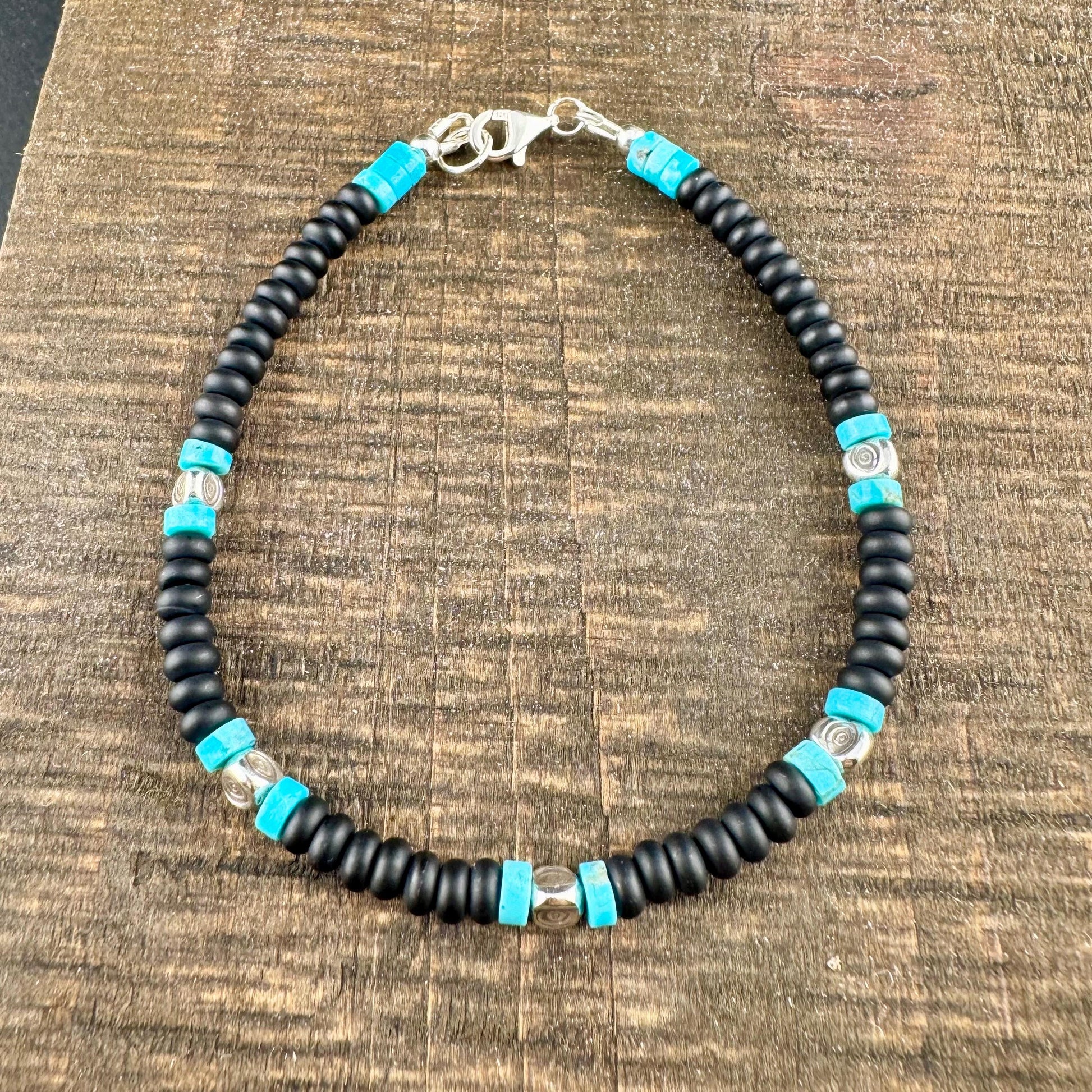 Black Onyx and Kingman Turquoise Bracelet – Sterling Silver Evil Eye or Feather Accents