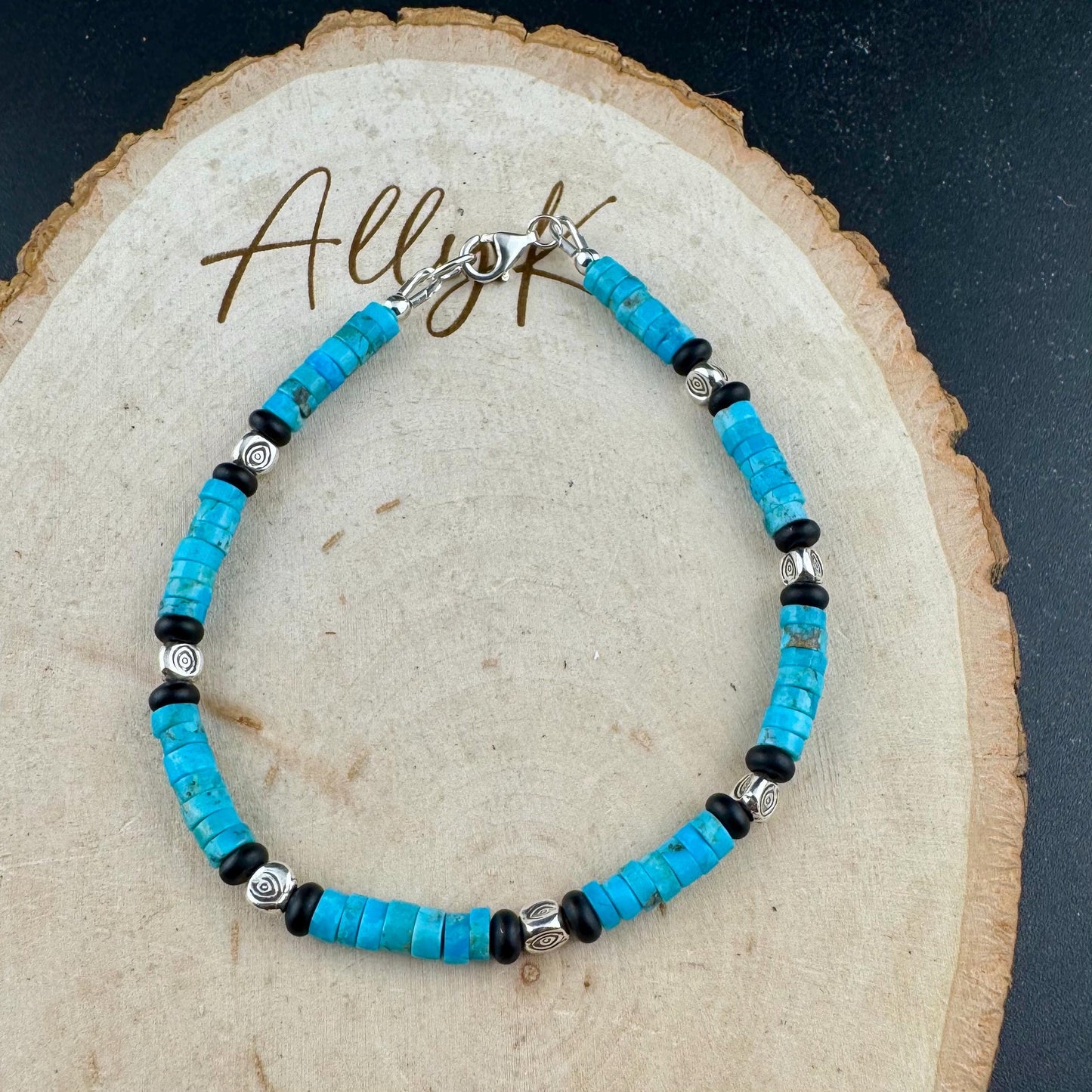 Kingman Turquoise & Black Onyx Bracelet – Sterling Silver Evil Eye or Feather Accents