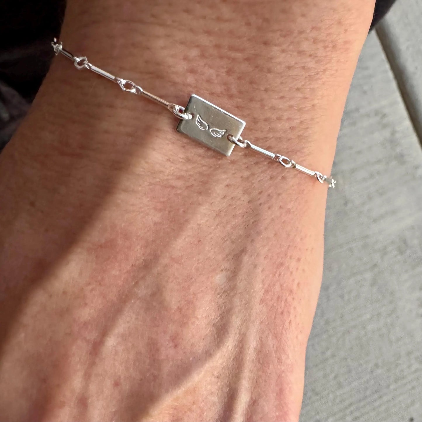 Sterling Silver Angel Wing Connector Bracelet – Dainty Bar & Ring Chain | Minimalist Stackable Jewelry