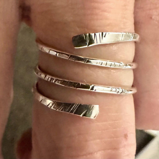 Boho Chic Sterling Silver Coil Ring: Textured Bypass Spiral Design