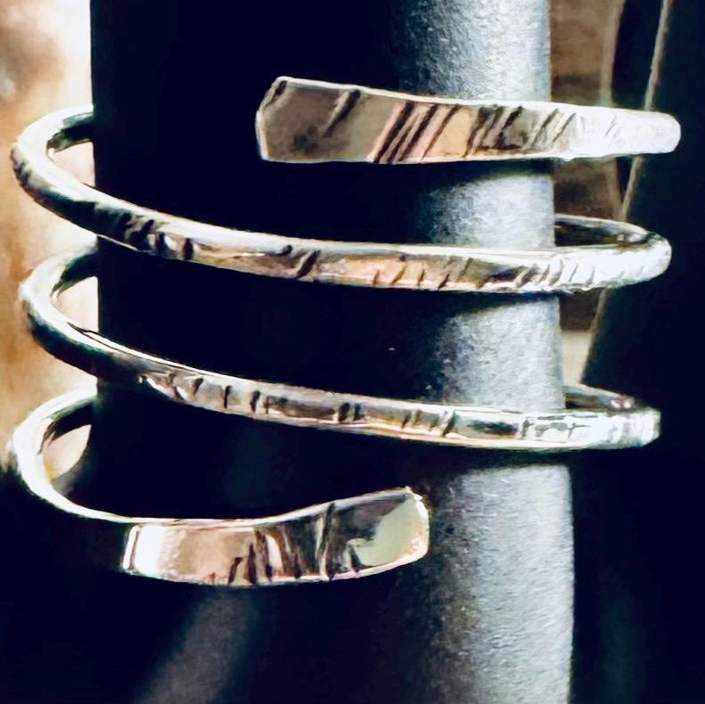 Boho Chic Sterling Silver Coil Ring: Textured Bypass Spiral Design