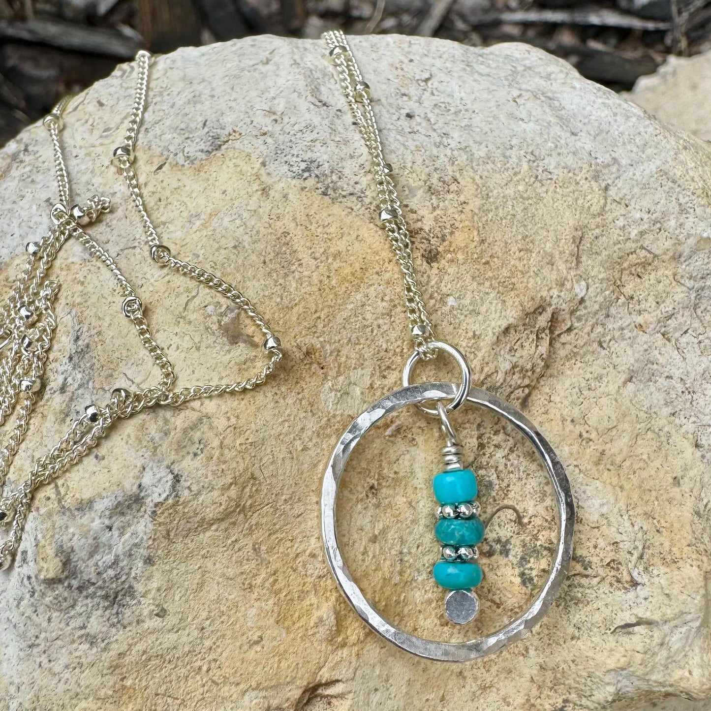 Arizona Turquoise Sterling Silver Necklace: Daisy Spacers, Circle Pendant