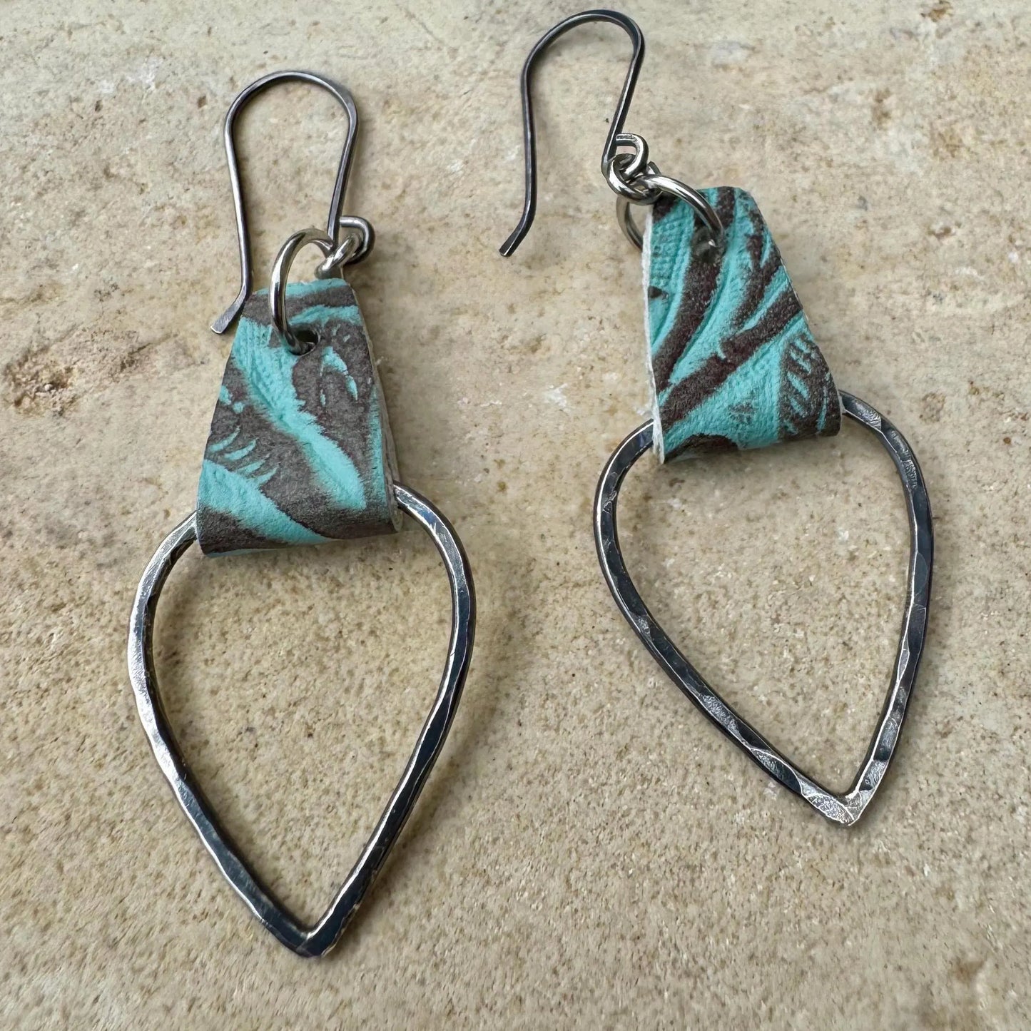 Turquoise Leather Earrings, Teardrop Earrings, Hammered Style, Genuine Leather Earrings, Women's Gift, Stylish Jewelry