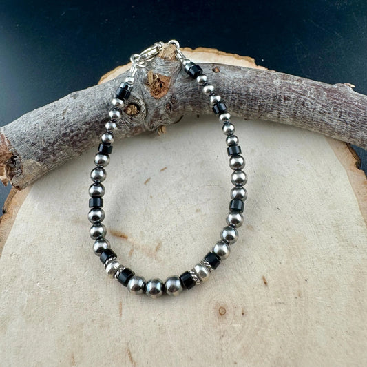 Unisex Onyx & Hematite Bracelet • Sterling Silver Desert Pearls • Modern Southwestern