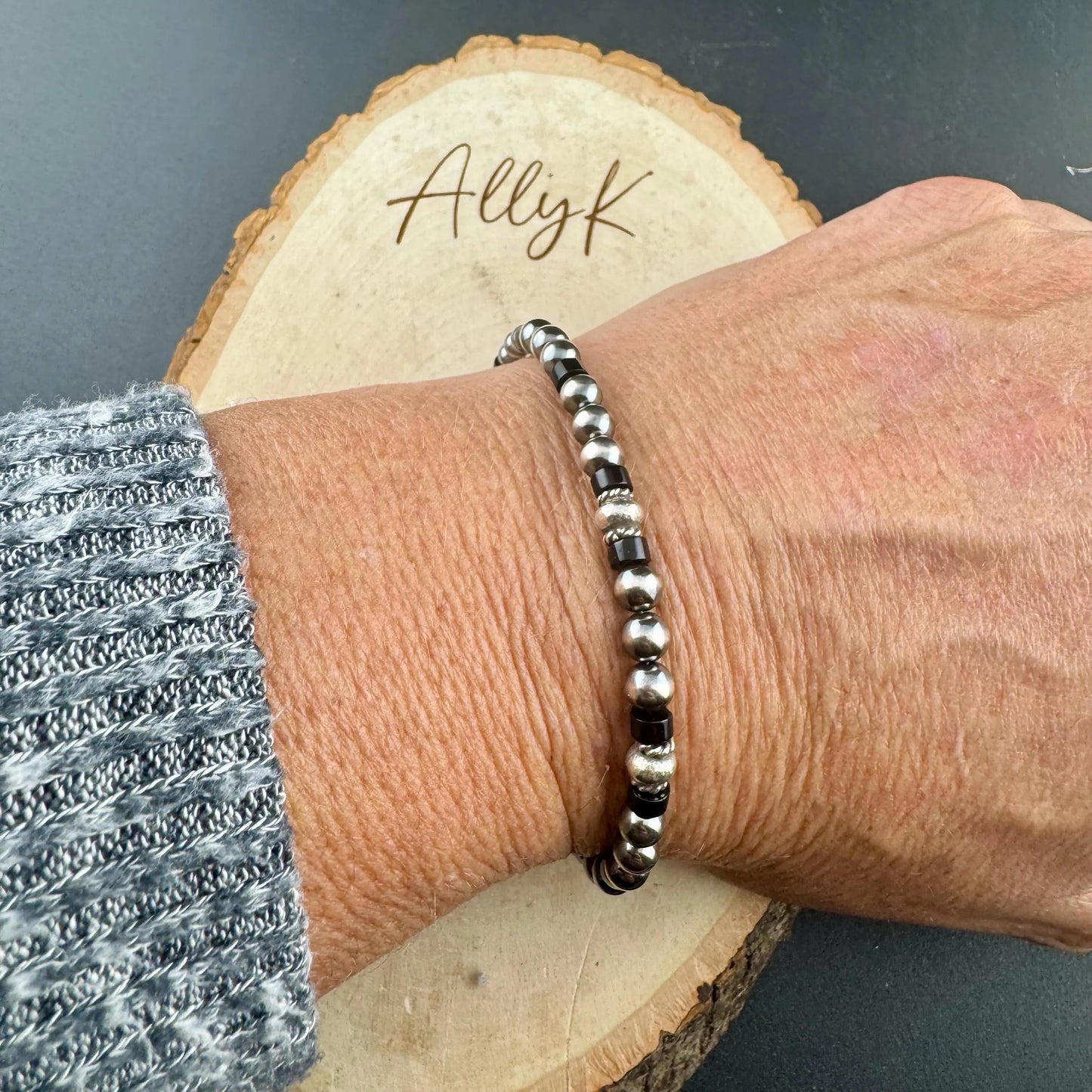 Navajo Pearl Onyx Bracelet, Sterling Silver Gemstone Beaded Bracelet