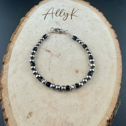 Unisex Onyx & Hematite Bracelet • Sterling Silver Desert Pearls • Modern Southwestern