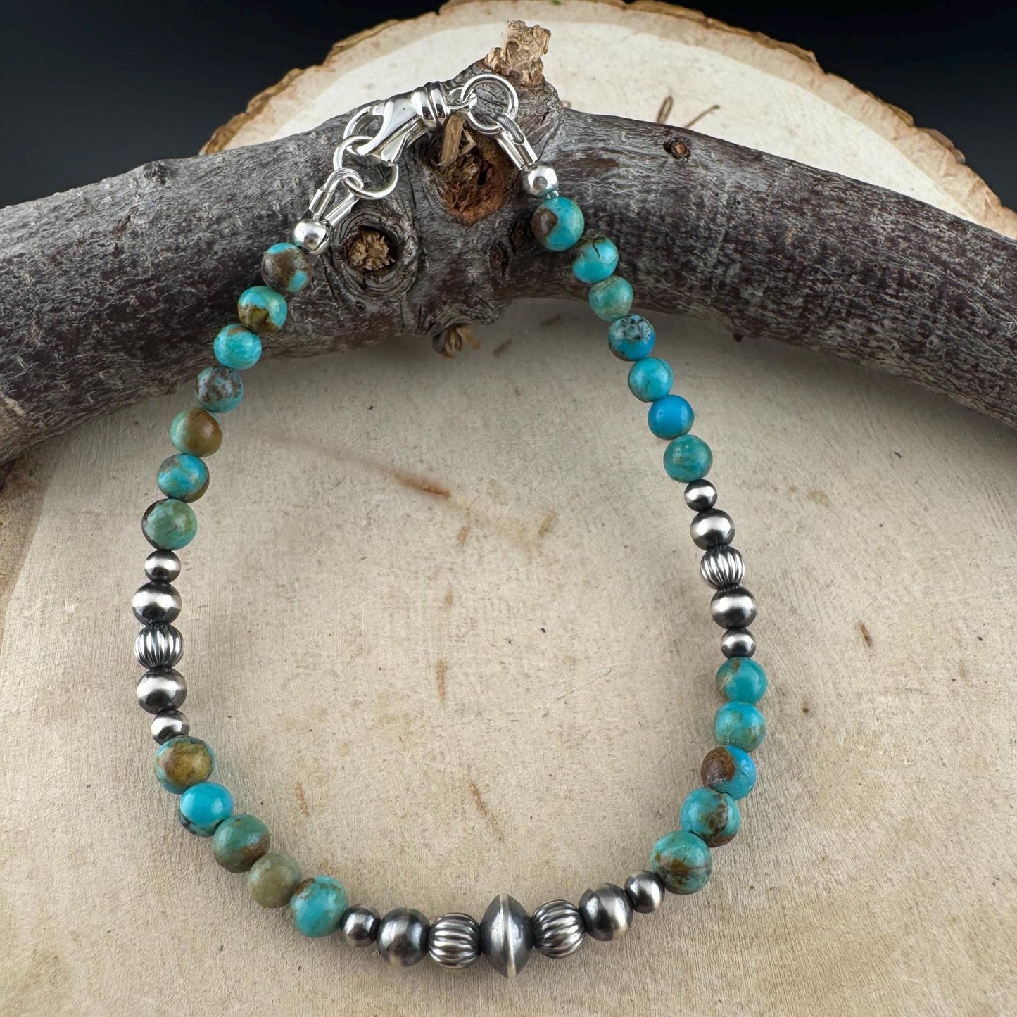 Kingman Turquoise & Navajo Pearl Bracelet - Sterling Silver Round Gemstone Jewelry
