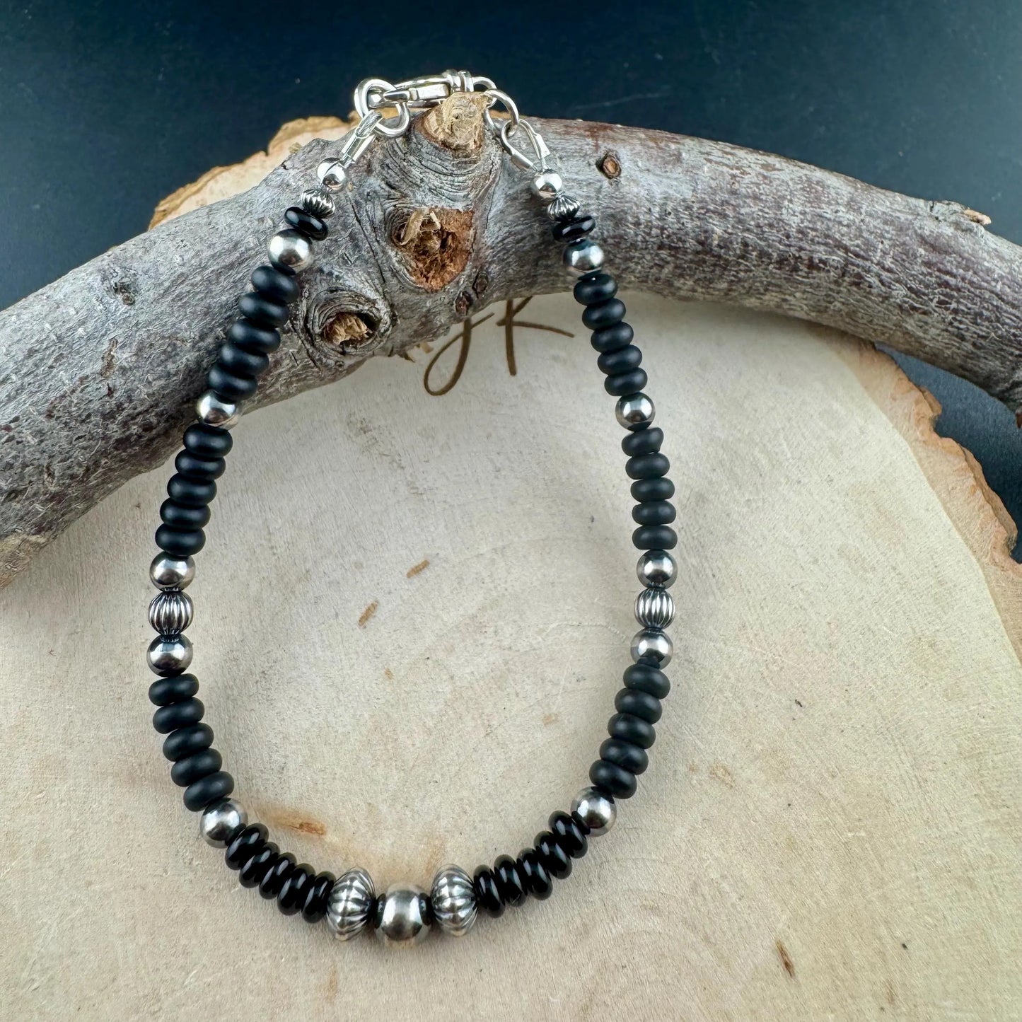 Navajo Pearl Bracelet with Black Onyx / sterling silver beaded gemstone bracelet