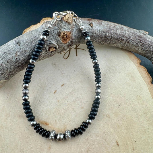 Navajo Pearl Bracelet with Black Onyx / sterling silver beaded gemstone bracelet