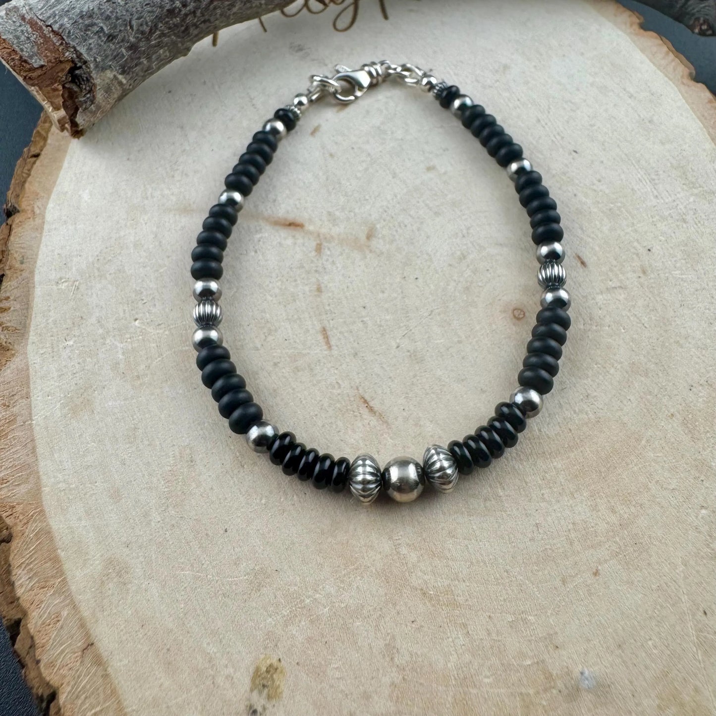 Navajo Pearl Bracelet with Black Onyx / sterling silver beaded gemstone bracelet