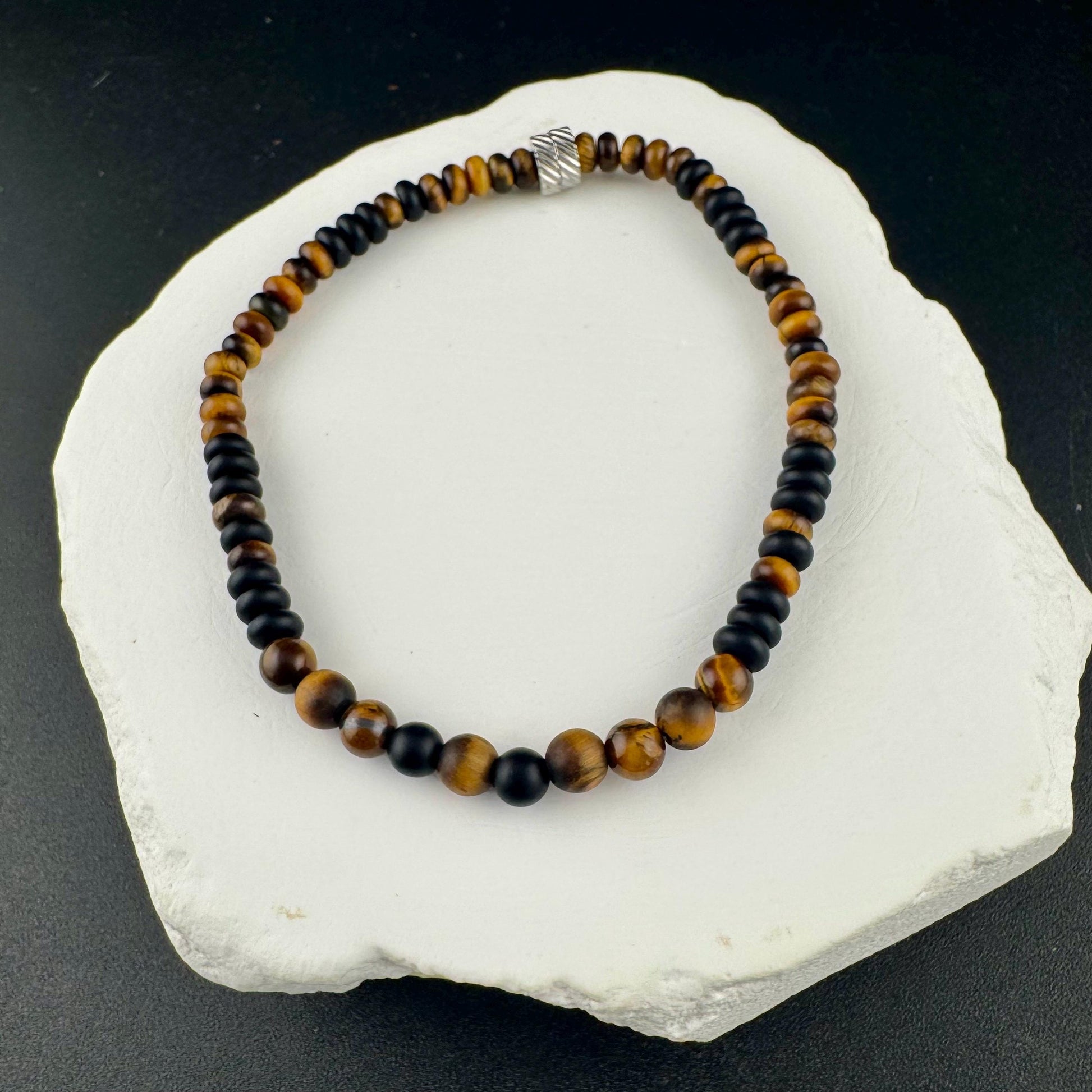 Black Onyx and Tiger's Eye Stretch Bracelet - Unisex Natural Gemstone Jewelry