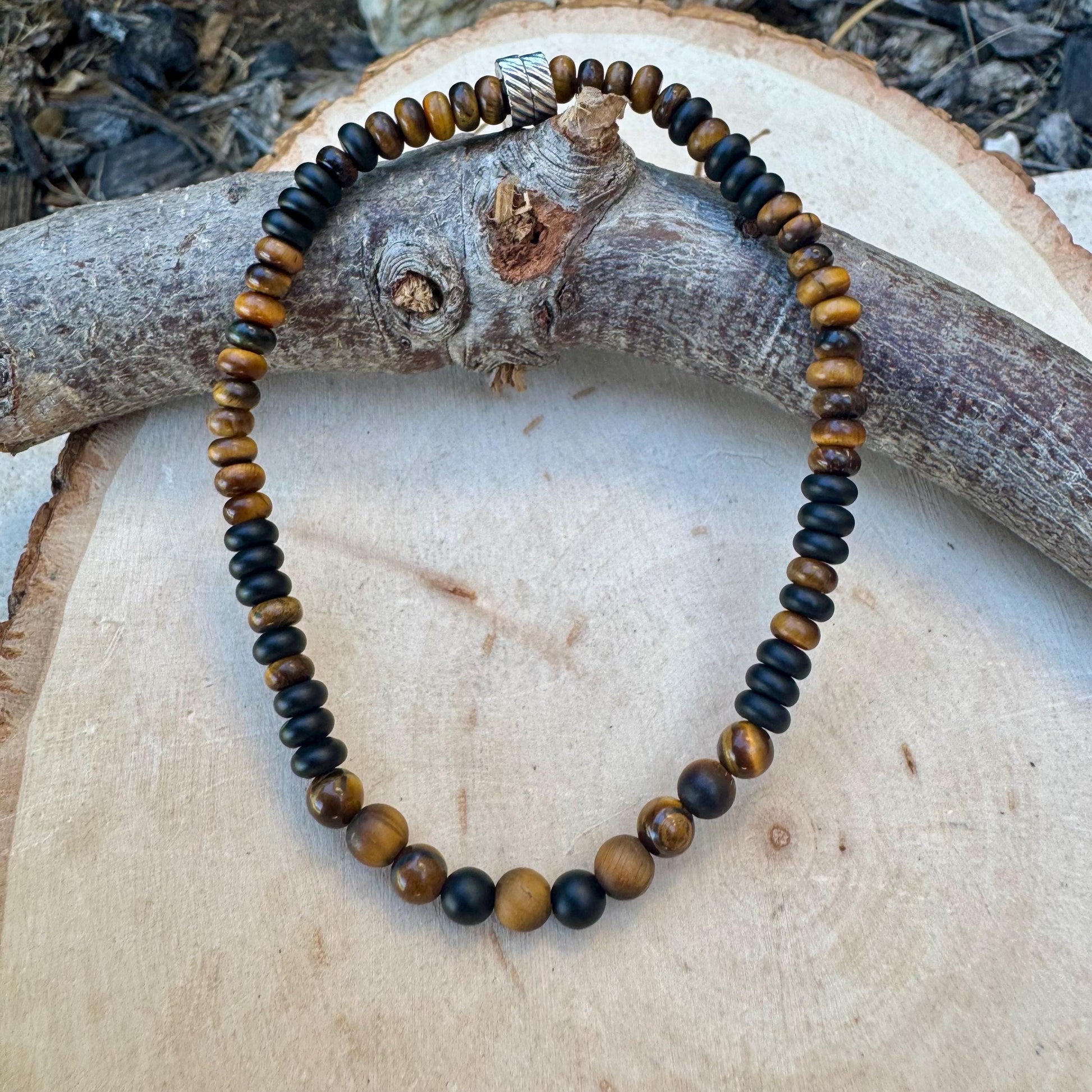 Black Onyx and Tiger's Eye Stretch Bracelet - Unisex Natural Gemstone Jewelry