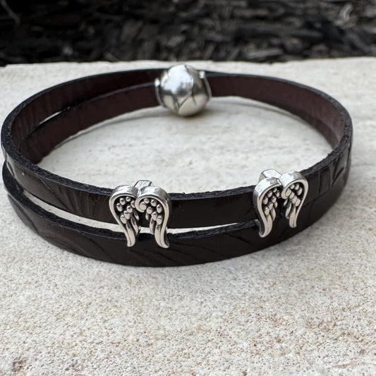 Embossed Leather Wrap Bracelet with Magnetic Clasp & Angel Wing Accents