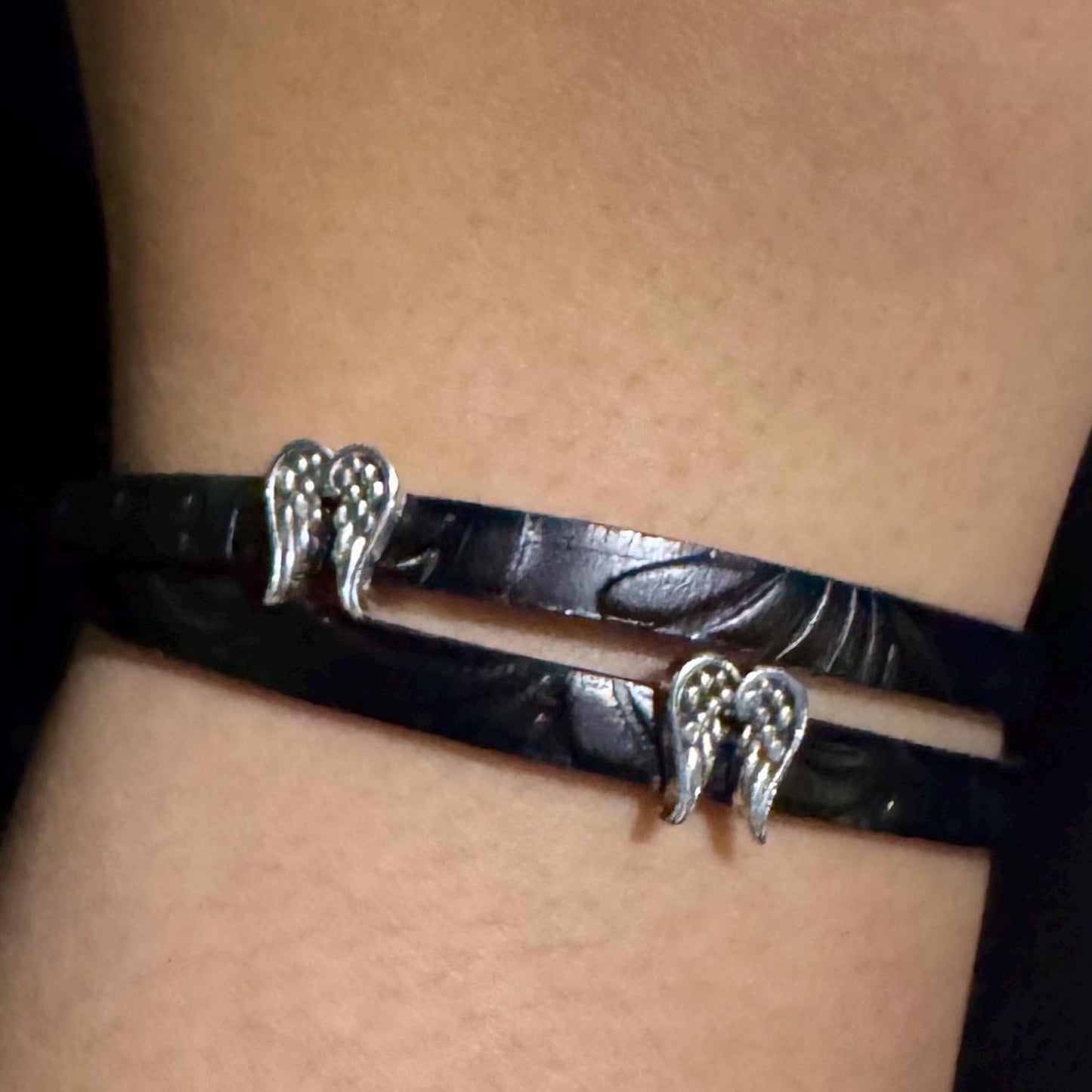 Embossed Leather Wrap Bracelet with Magnetic Clasp & Angel Wing Accents