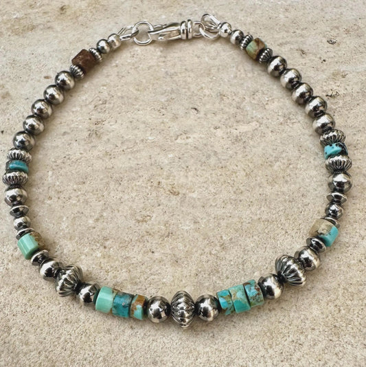 Sterling Silver Navajo Pearl Bracelet featuring Kingman Blue Green Turquoise
