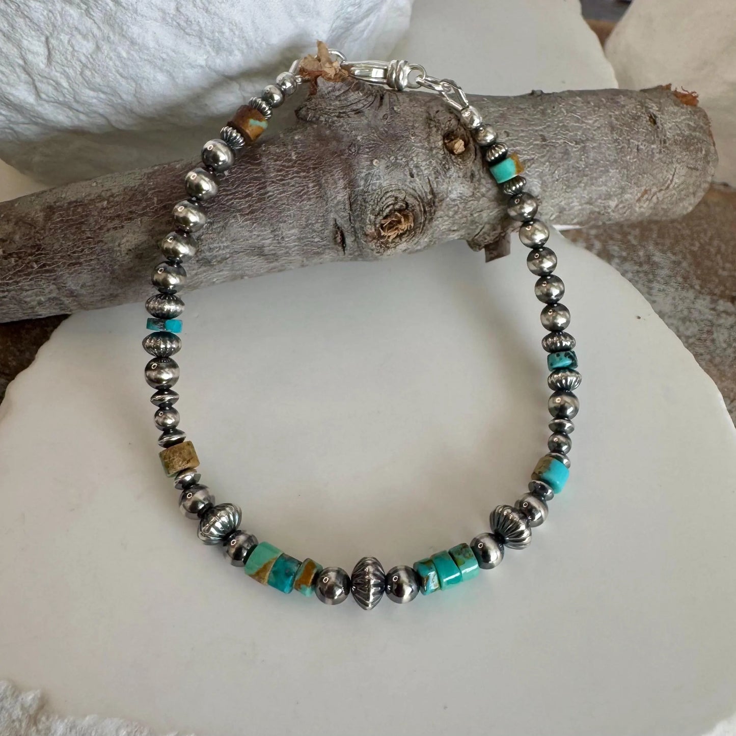 Sterling Silver Navajo Pearl Bracelet featuring Kingman Blue Green Turquoise