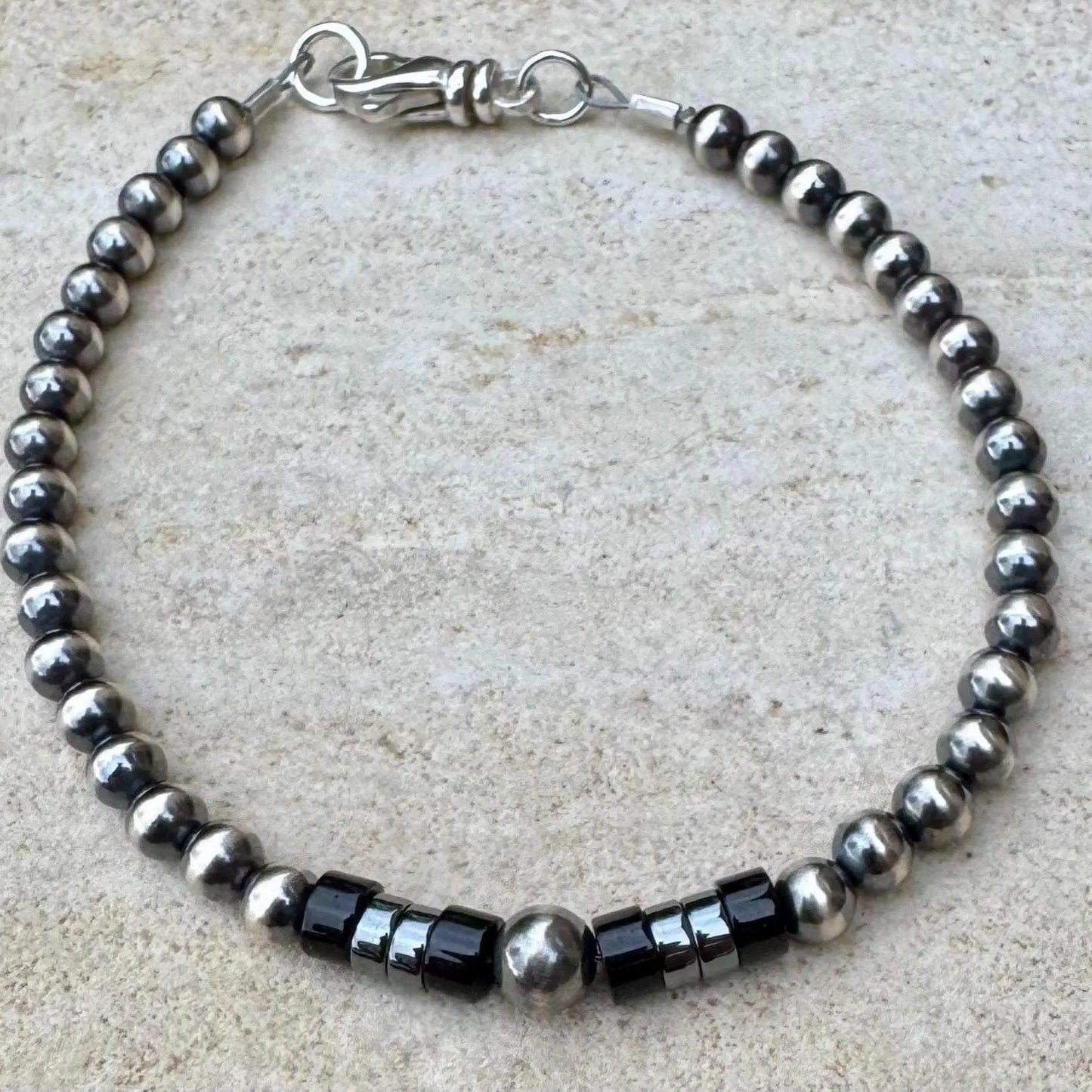 Navajo Pearl Bracelet Black Onyx Hematite Beaded Bracelet, Sterling Silver Gemstone Bracelet