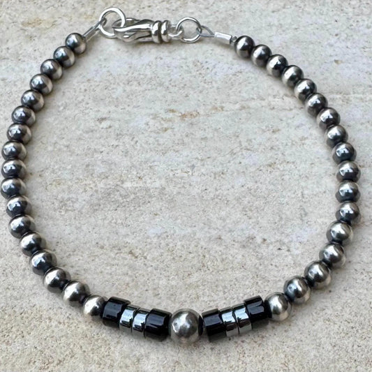 Navajo Pearl Bracelet Black Onyx Hematite Beaded Bracelet, Sterling Silver Gemstone Bracelet