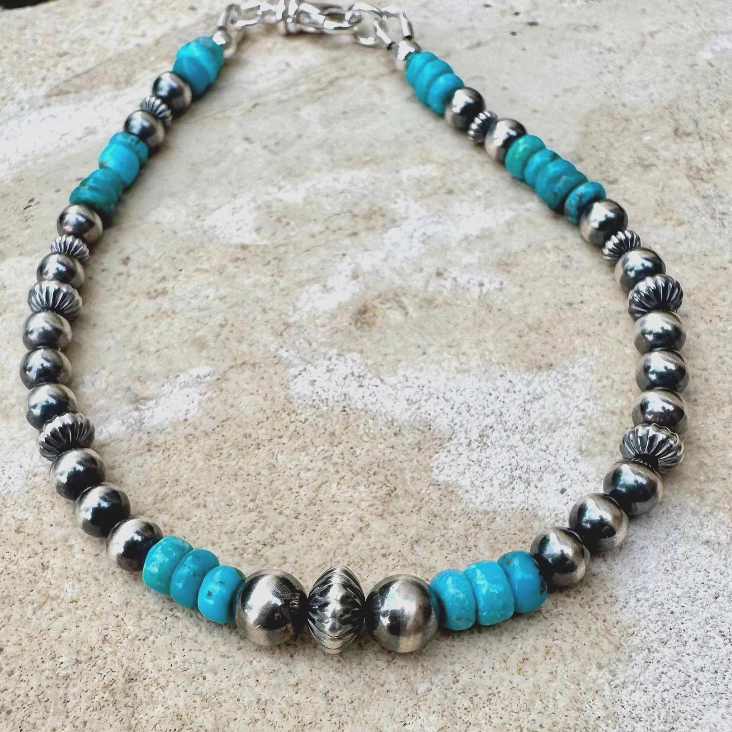 Turquoise Navajo Pearls Bracelet, Sterling Silver Arizona Turquoise Gemstone Bracelet