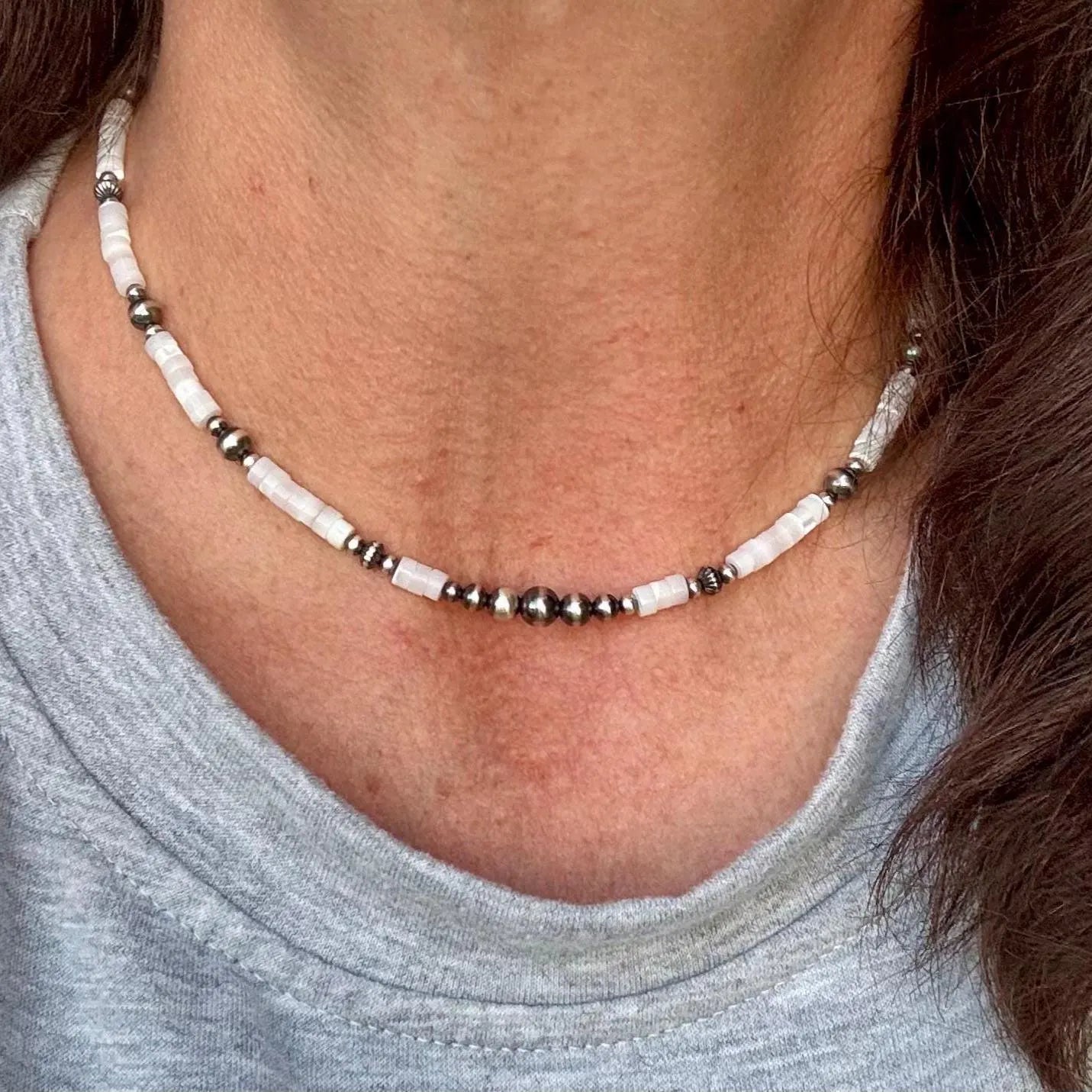 Navajo Pearl & Mother of Pearl Necklace, Sterling Silver Necklace Choker