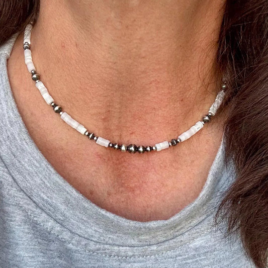 Navajo Pearl & Mother of Pearl Necklace, Sterling Silver Necklace Choker