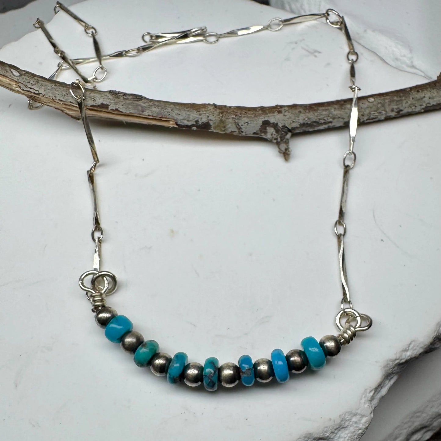 Sterling Silver Navajo Pearl Necklace with Arizona Turquoise Bar Pendant – Southwestern Artisan Jewelry