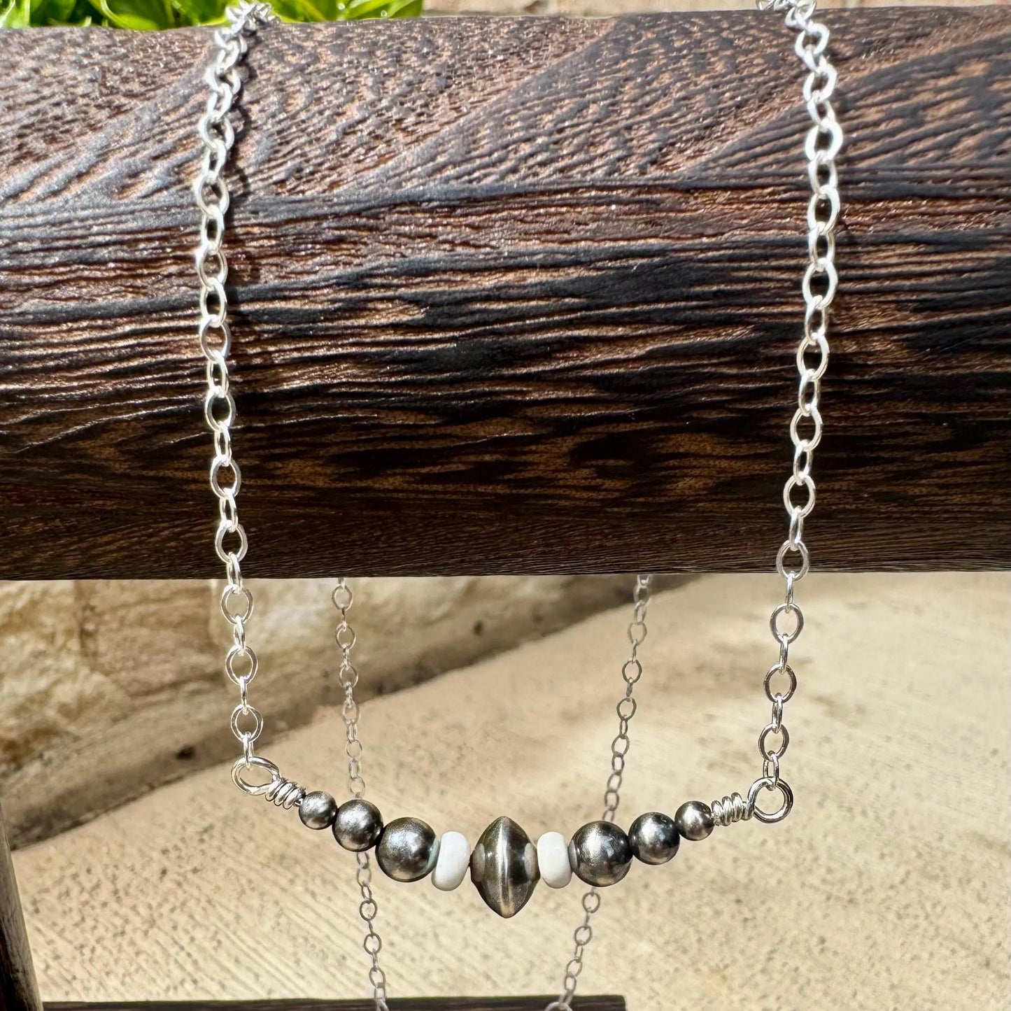 Navajo Pearl & White Turquoise Bar Necklace – Sterling Silver Cable Chain