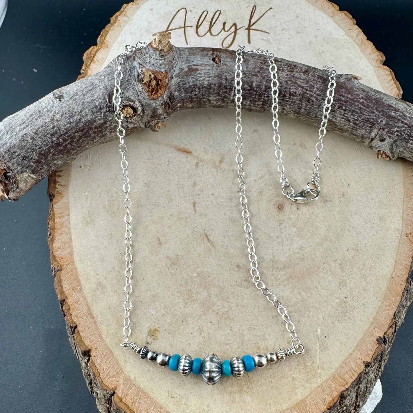 Turquoise Bar Necklace with Navajo Pearls – Sterling Silver Southwestern Jewelry