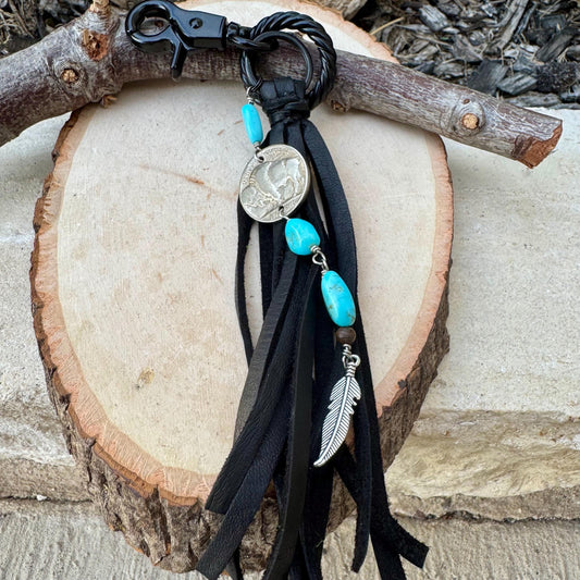 Leather Turquoise Purse Tassel Keychain with Indian Head Buffalo Nickel