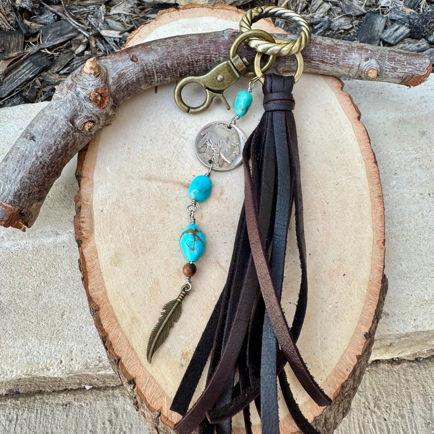 Leather Turquoise Purse Tassel Keychain with Indian Head Buffalo Nickel